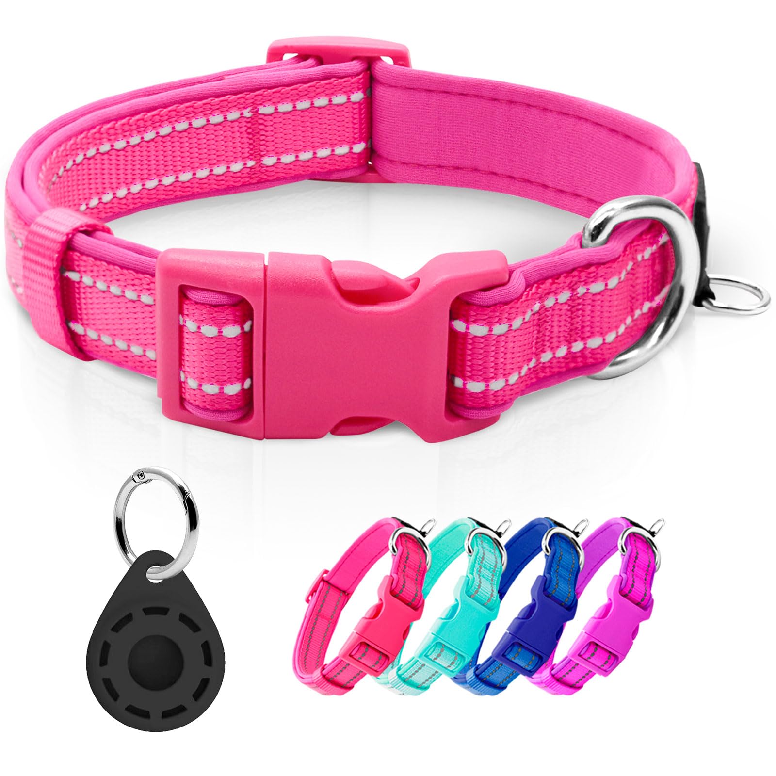 Azuza Reflective Dog Collar With Airtag Holder, Soft Neoprene Padded Pet Collar With Id Tag Ring, Adjustable For Medium Dogs,Hot