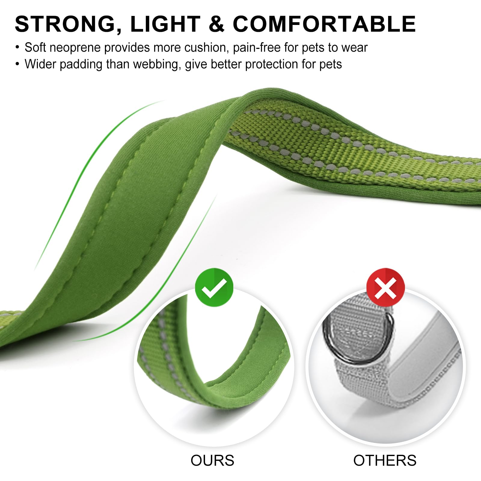 Azuza Reflective Dog Collar, Soft Neoprene Padded Pet Collar With Id Tag Ring, Adjustable For Medium Dogs,Army Green,M