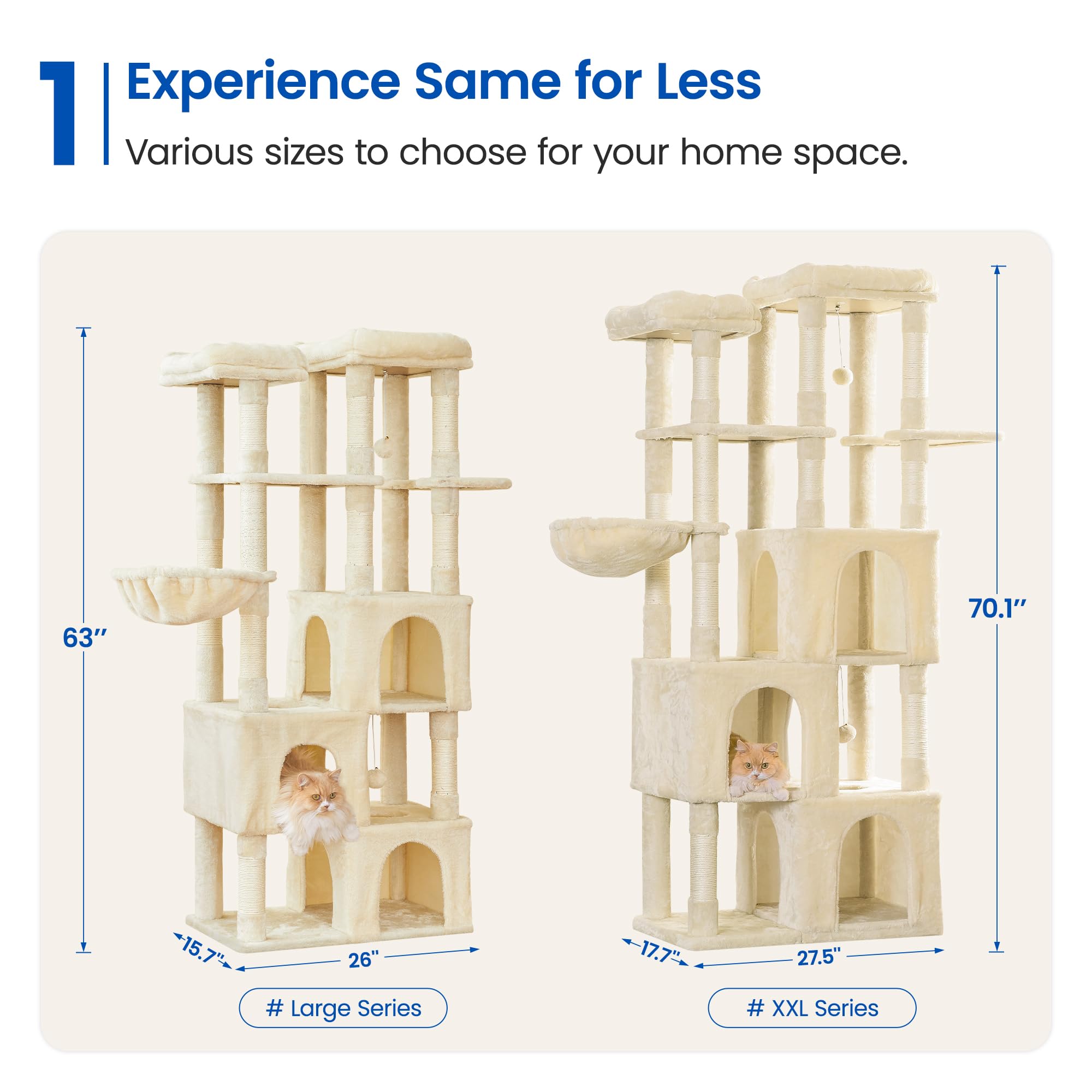 Mwpo Large Cat Tree For Indoor Cats, 63-Inch Cat Tower With 3 Cat Condos, Scratching Posts, Padded Perches, Hammock, Dangling To