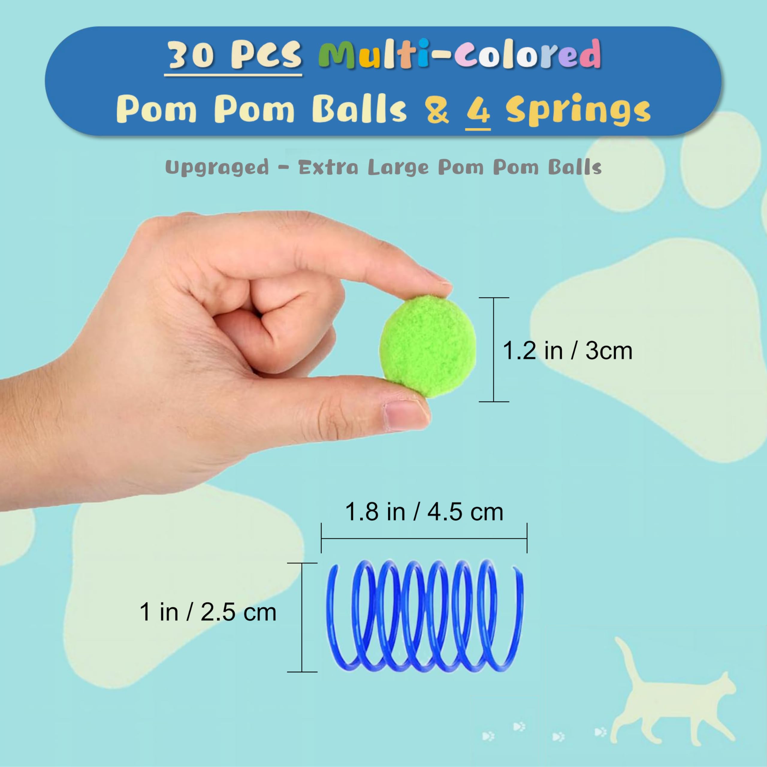 BaiKevin 30 Pcs Premium Silent Pom Pom Balls, Interactive Lightweight Pom Pom Balls, Assorted Colors Cat Balls (1.2 inches), wit