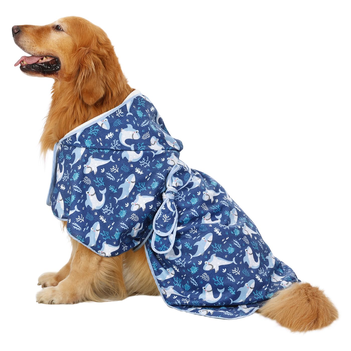 Hde Dog Bathrobe Super Absorbent Quick Drying Towel With Hood For All Dog Breeds Sizes S-Xxl - Sharks - Xl