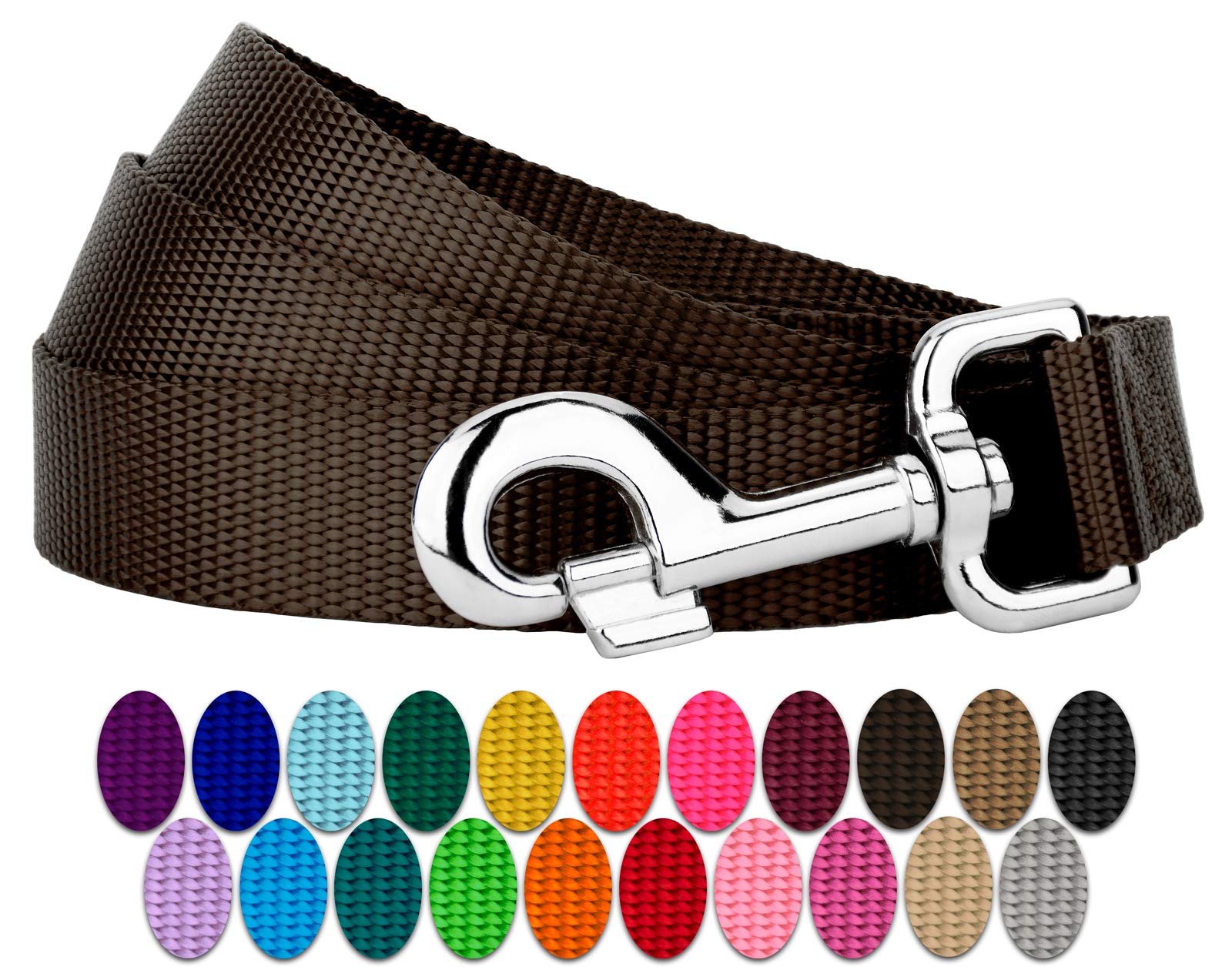 Country Brook Petz - 1 Inch Solid Color Nylon Dog Leash - Durable Clip - Soft Handle (1 Inch Wide, 6 Foot, Brown)