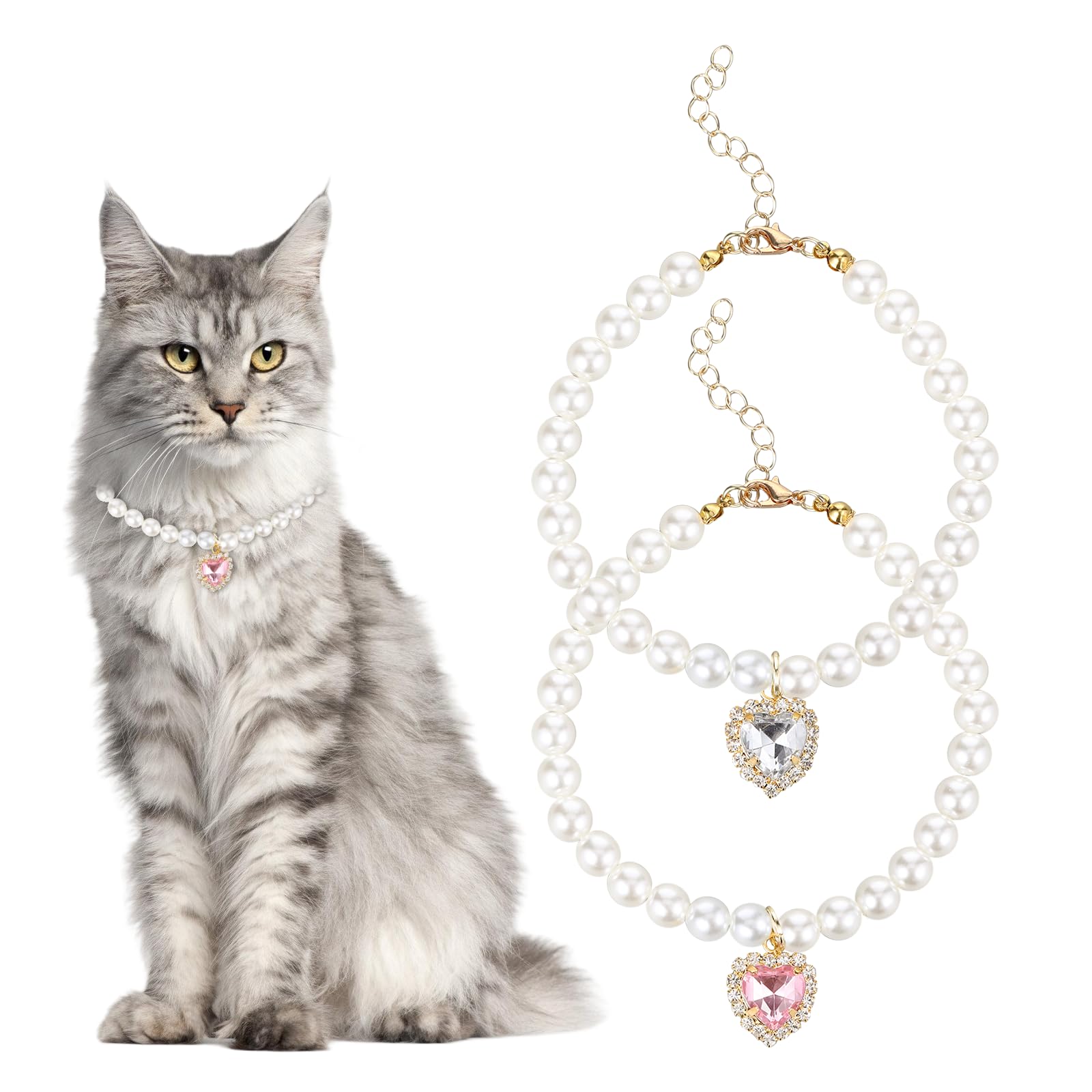 2Pcs Pearl Cat Collar, Cute Cat Collars For Girl Cats, Beaded Dog Collar Girl, Pearl Collar For Dogs, Cat Chain, Dog Pearl Neckl