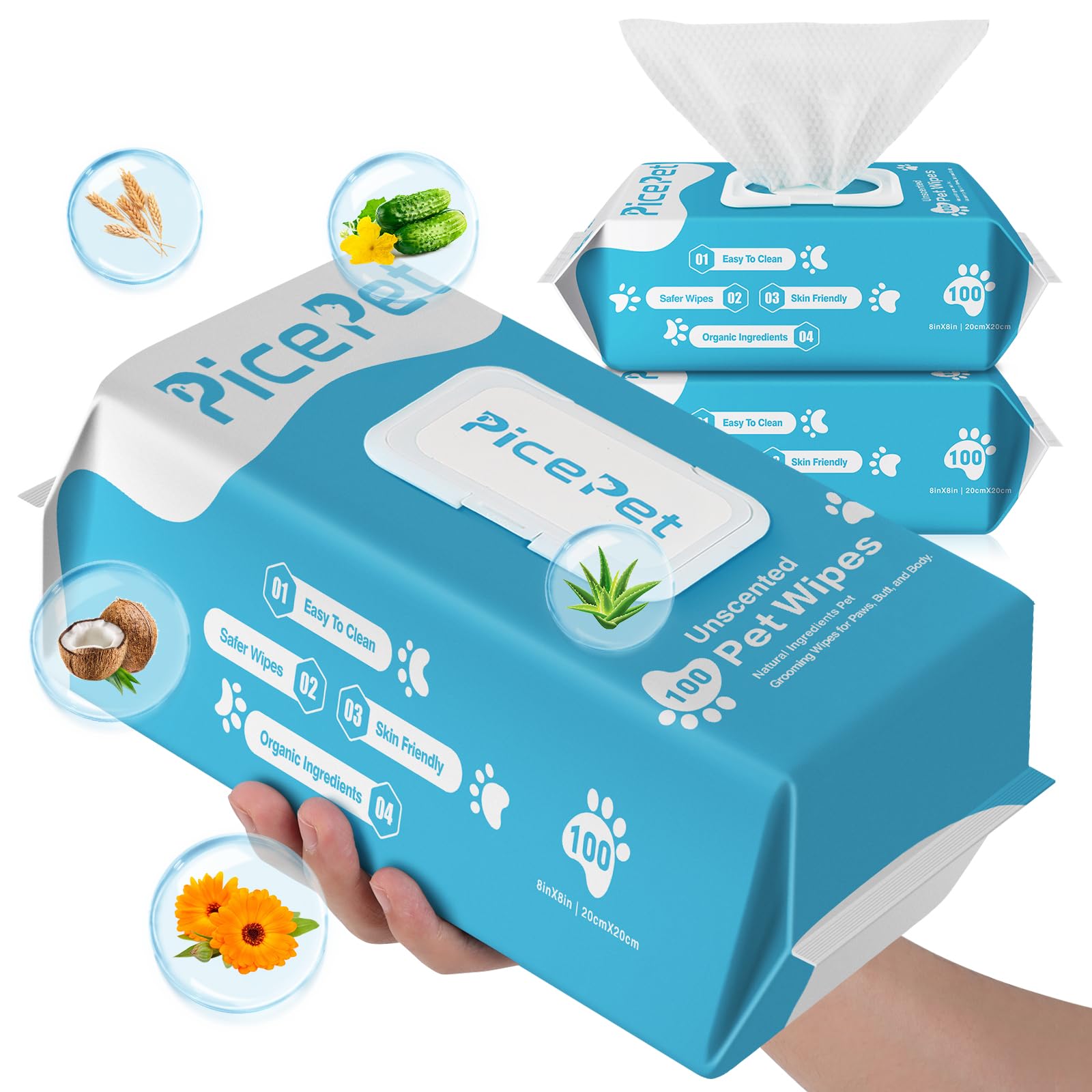 PICE PET 200 Cleaning & Deodorizing Guaranteed Dog Grooming Wipes - Hypoallergenic Pet Wipes for Allergies & Itching - Thick Pup