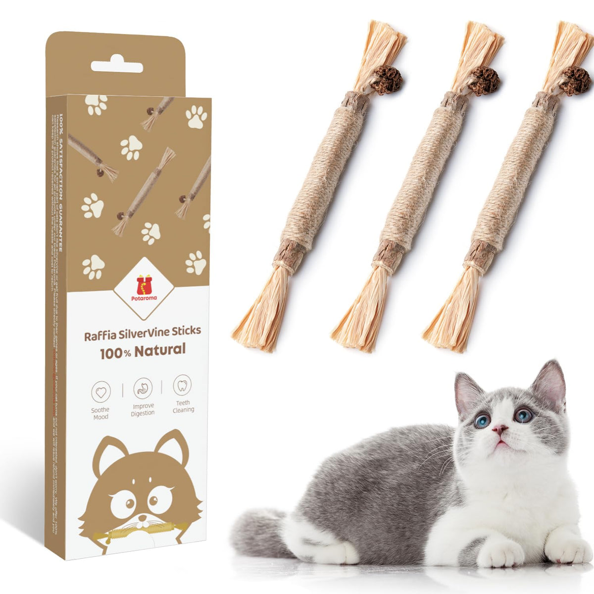 Potaroma 3 Pack Natural Silvervine Sticks Cat Toys, Catmint Silvervine Blend Sticks, Catnip Kittens Chew Toys Teeth Cleaning, Matatabi Dental Care Cat Treat Edible Kitty Lick Toys, Package May Vary