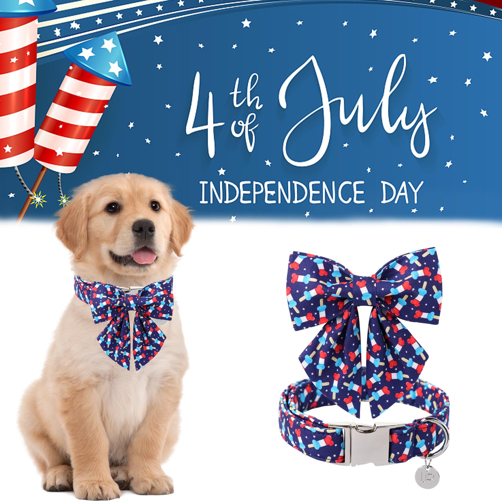 Patriotic Bow Tie Collar - American Flag Design For Medium Dogs, Comfortable Summer Collar With Metal Buckle, Neck 13.5-22In
