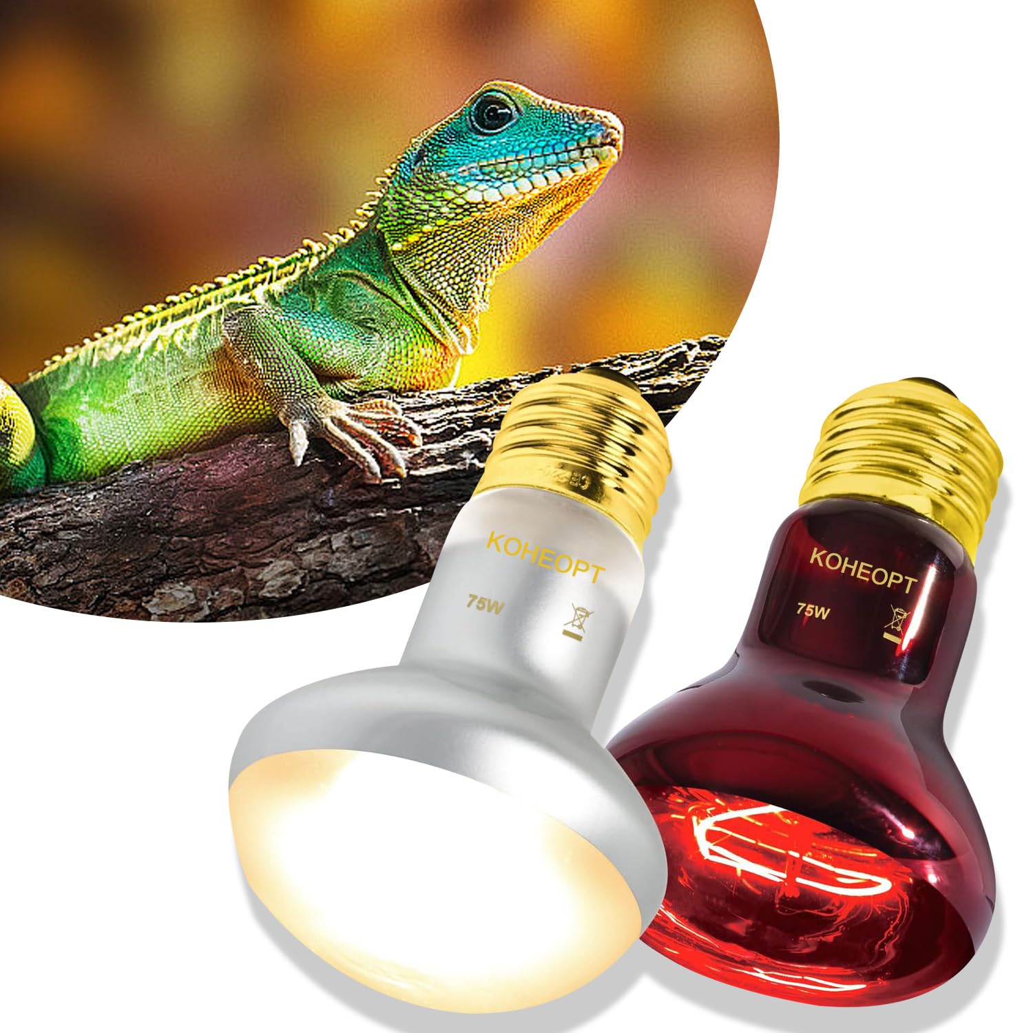 Koheopt 75W Reptile Heat Lamp Bulb 2-Pack,Complete Day & Night Basking Spot Light Combo Including Infrared Heat Lamp And Uva Day