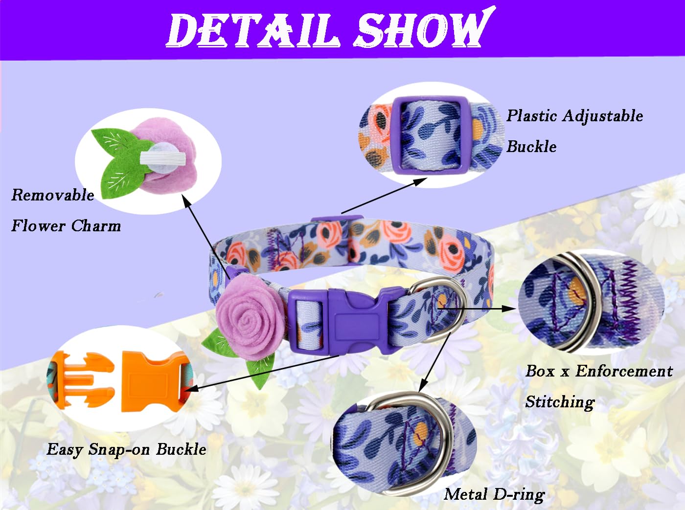 2 Pack Spring Dog Collar For Small Dogs, Quick Release Floral Dog Collar Girl With Flower Bow
