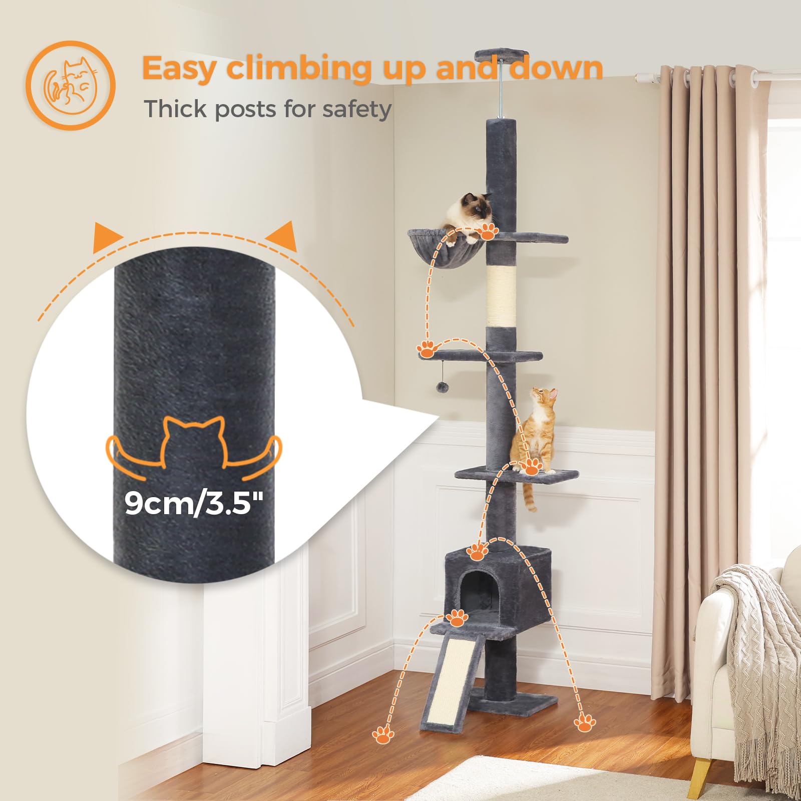 Petepela Floor To Ceiling Cat Tree, Cat Tower 5 Tiers Tall (83-108 Inches) Adjustable Height, Cat Climbing Tree Featuring With C