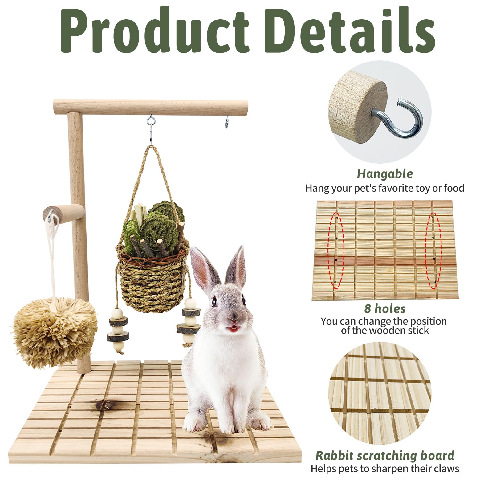 Kathson Bunny Chew Toys For Teeth Grinding, Rabbit Wooden Scratch Board Feet Pad Platform Natural Seagrass Hanging Basket Small