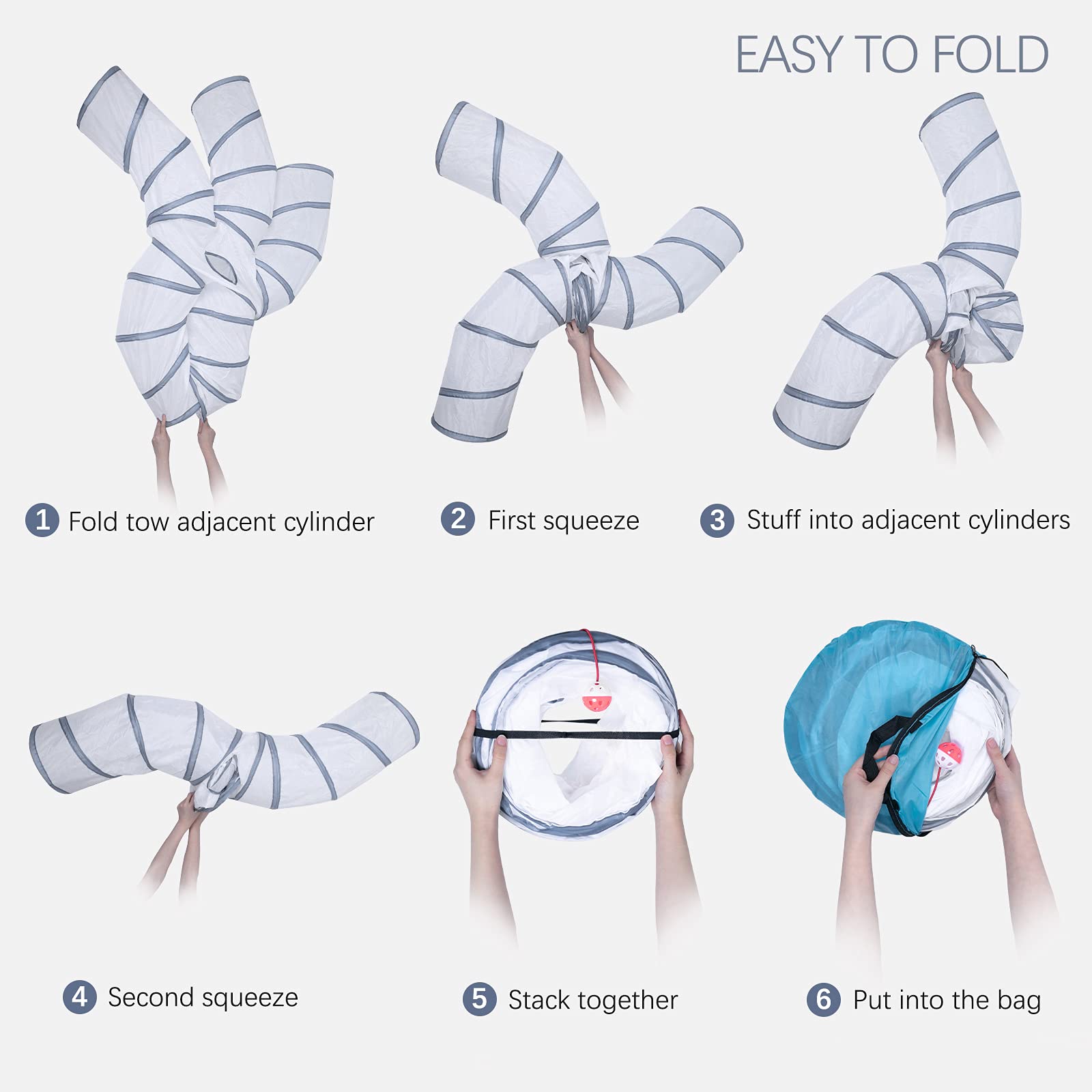 Egetota Cat Tunnel For Indoor Cats Large, With Play Ball S-Shape 5 Way Collapsible Interactive Peek Hole Pet Tube Toys, Puppy, Kitty, Kitten, Rabbit (White & Grey)