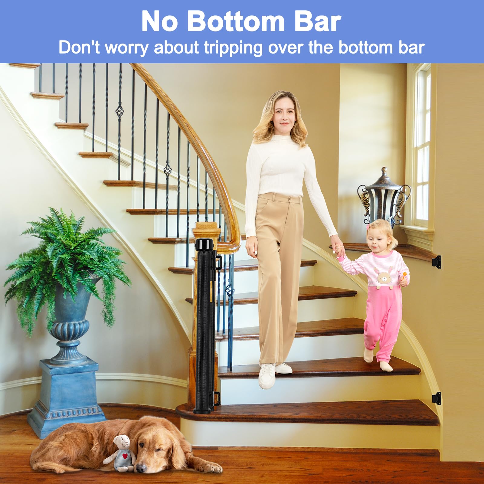 Reinforced Retractable Dog Gate for Stairs 55 Inch Adjustable Brackets and Detachable Latches Retractable Baby Gate Retractable