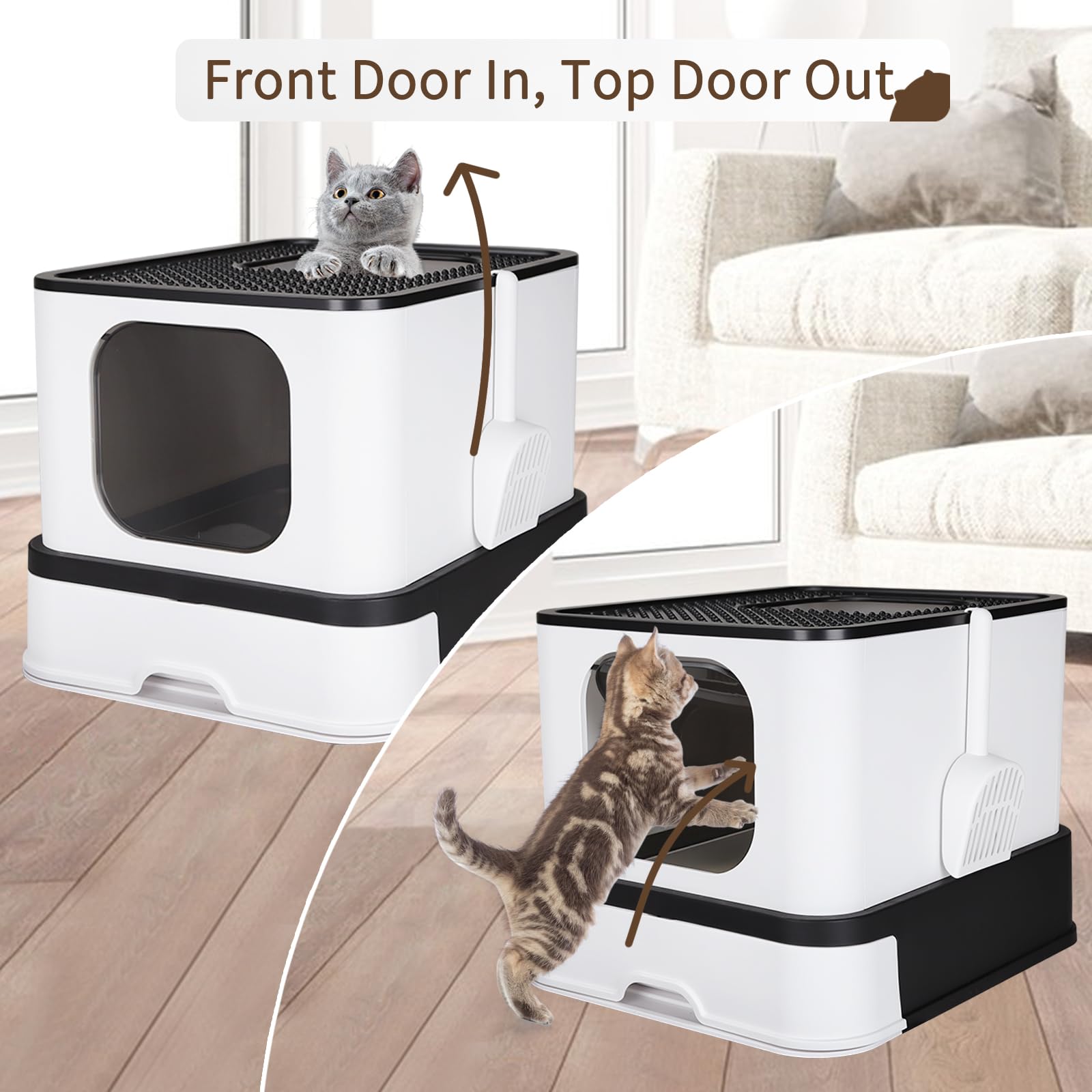 RIZZARI Enclosed Cat Litter Box with Lid, Large Foldable Litter Box with Litter Scoop, Top Entry Cat Toilet for Kittens and Big
