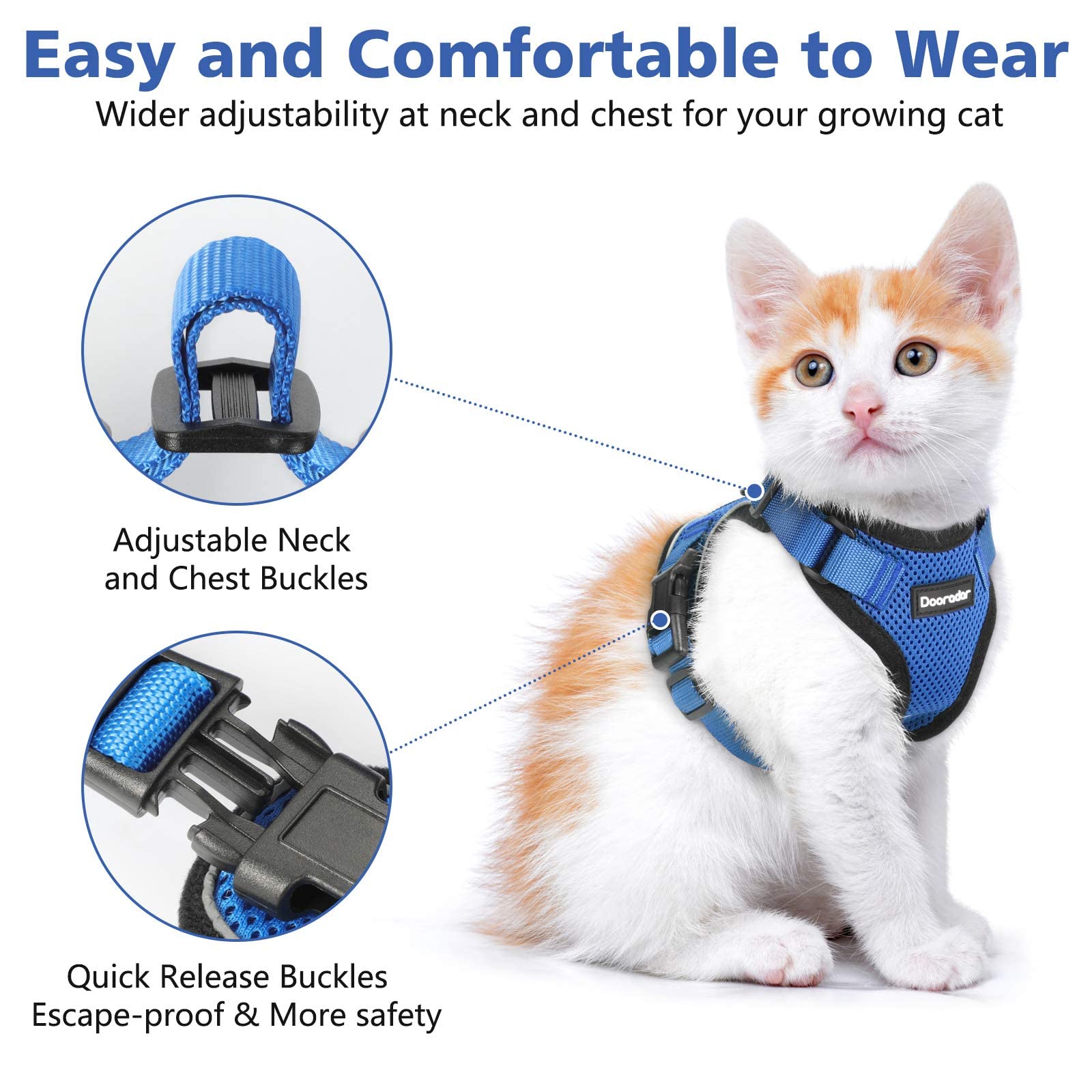 Dooradar Cat Harness And Leash Set, Escape Proof Safe Adjustable Kitten Vest Harnesses For Walking, Easy Control Soft Breathable Mesh Jacket With Reflective Strips For Cats, Blue, S