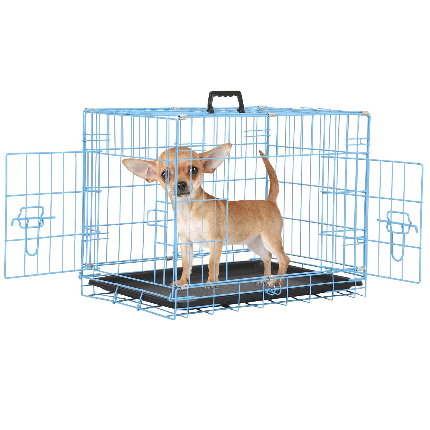 Wire Dog Crate 24 Inch Dog Kennel Cage, Double Door Folding Dog Cage, Wire Dog Kennel With Removable Tray, Indoor&Outdoor,Blue