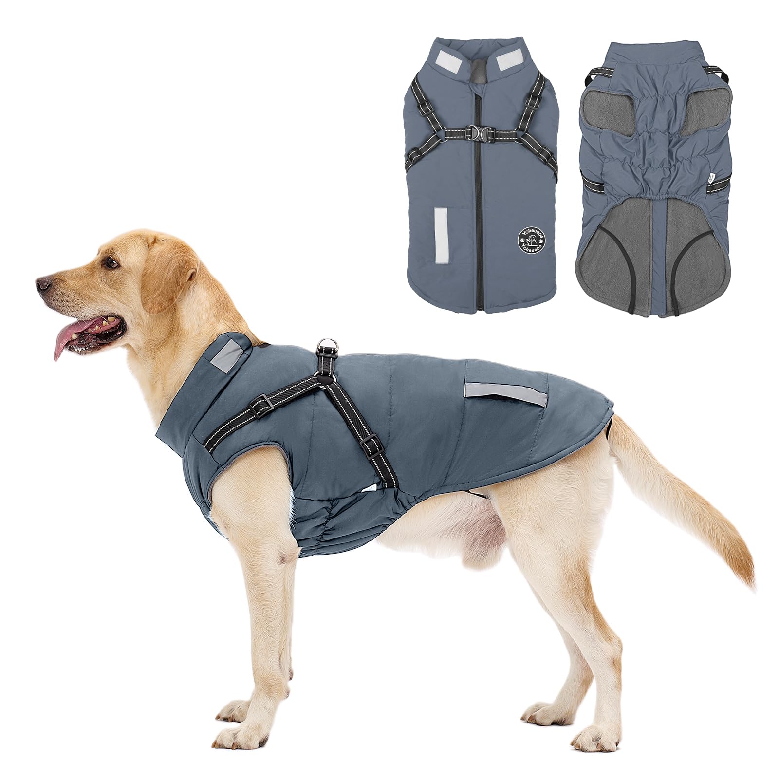 Warm Dog Jacket - Fleece Coat with Built-in Harness, Reflective Stripes, Waterproof Vest for Small to Large Dogs, Blue