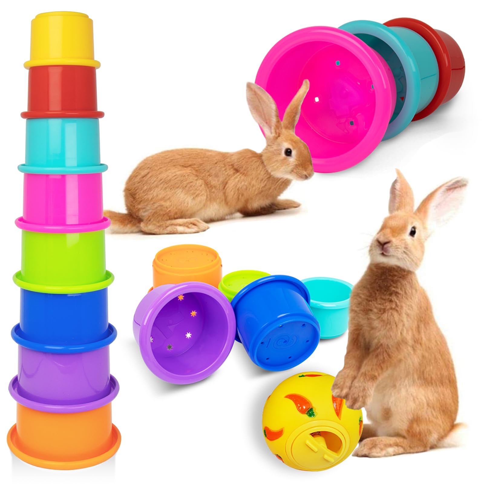 Iffitya 8 Pcs Colorful Stacking Cups and a Ball for Rabbits, Colorful Bunny Toys for Rabbits and Small Animals, Nesting Rabbit T
