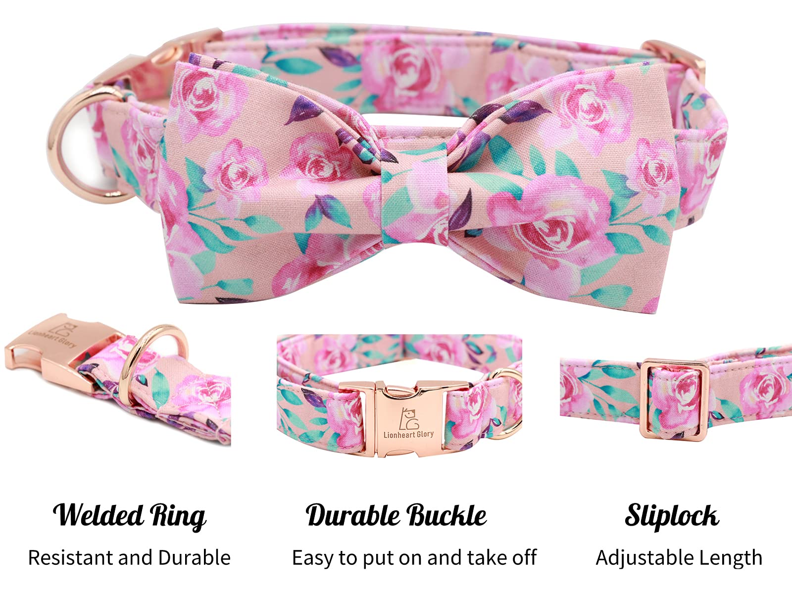 Lionheart Glory Floral Rose Print Dog Collar Adjustable Soft Dog Collar With Bowtie, Girl Pet Collars For X-Small Small Medium Large Dogs