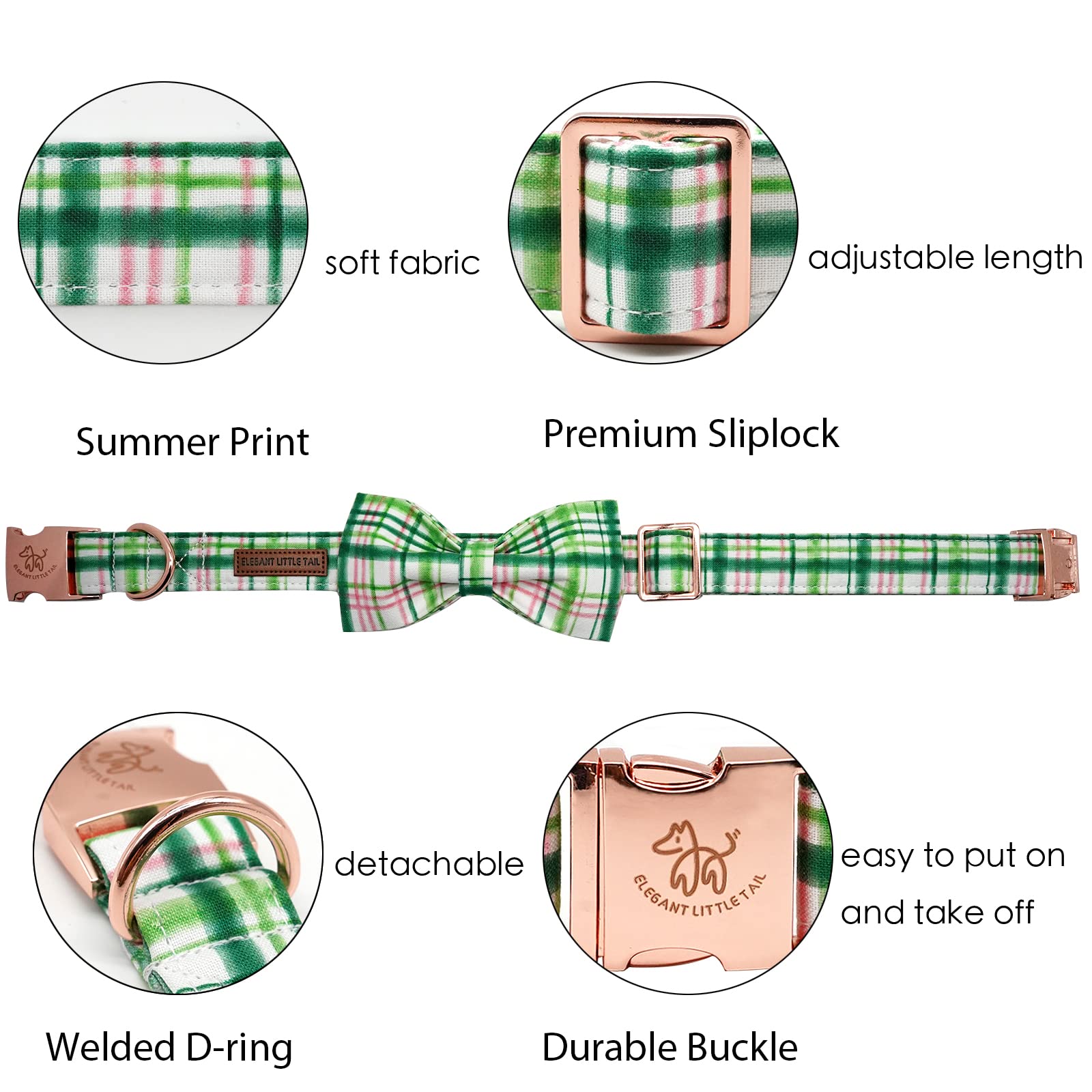 Elegant Little Tail Dog Collar With Bow - Pink With Green Plaid Boy Or Girl Dog Collar Cute Bowtie Pet Collar Adjustable Dog Col