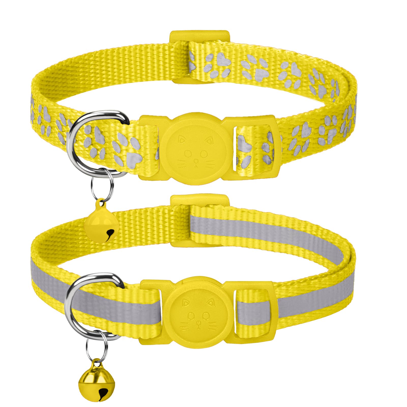 Taglory Reflective Cat Collar Breakaway With Bells, 2 Pack Girl Boy Pet Cat Collar Adjustable 7.5-12.5 Inch, Yellow