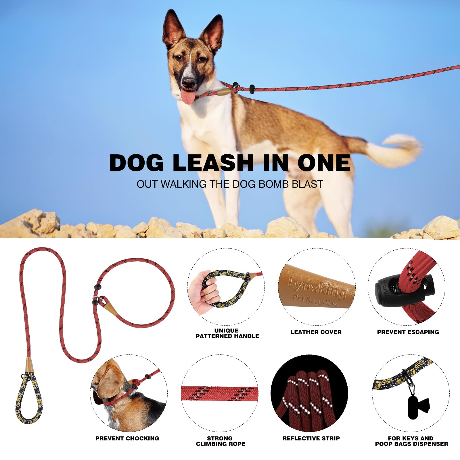 Lynxking Slip Lead Dog Leash Reflective, Heavy Duty Comfortable Strong Rope For Large Medium Small Dogs No Pull Pet Training (Re