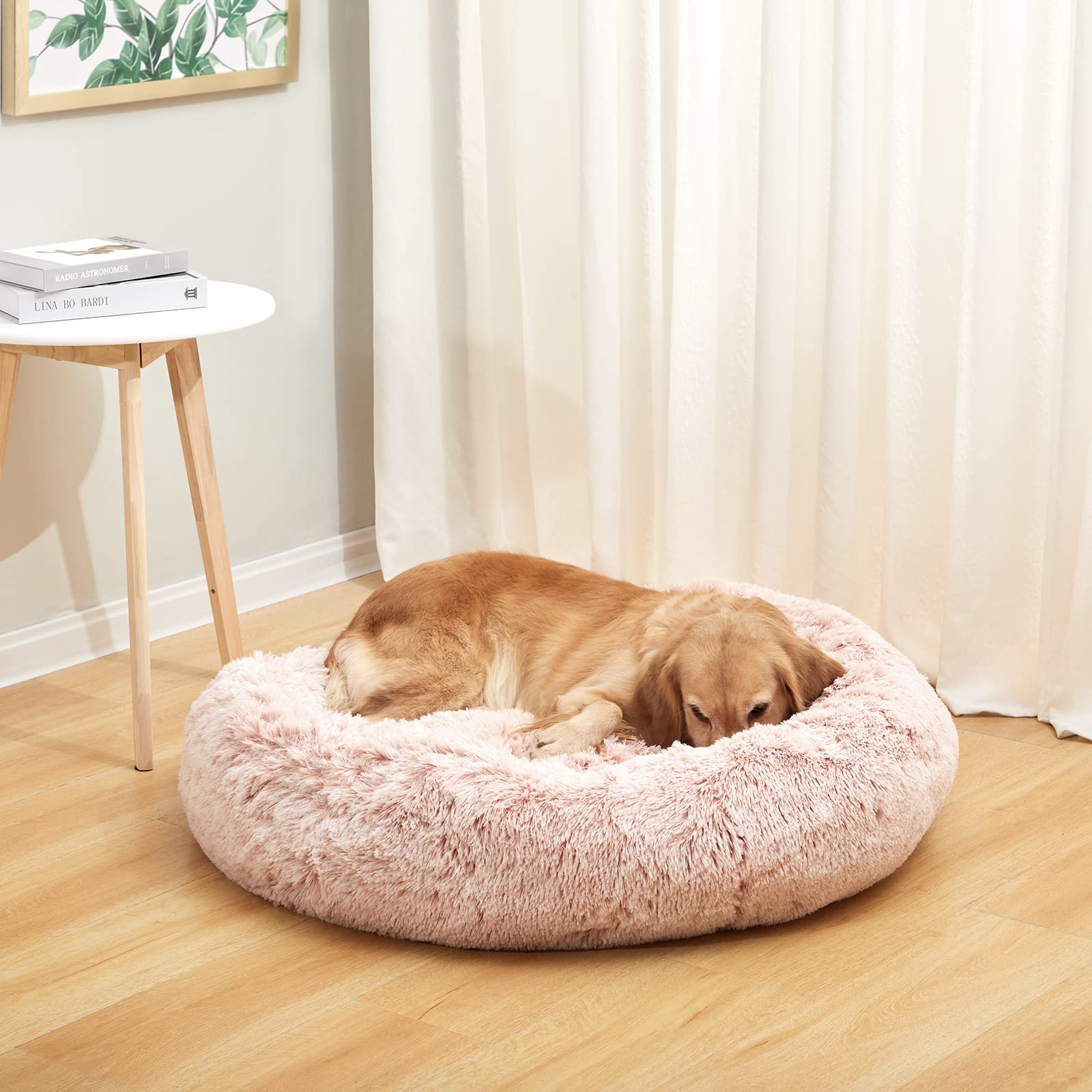Bedfolks Calming Donut Dog Bed, 36 Inches Round Fluffy Dog Beds For Large Dogs, Anti-Anxiety Plush Dog Bed, Machine Washable Pet Bed (Pink, Large)