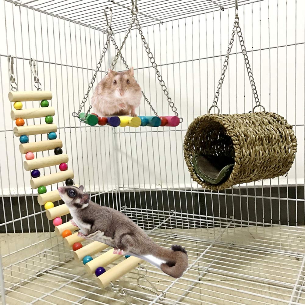 Leeko Pet Hammock Hamster Hanging Toy, 3 Piece Set House Hanging Bed Cage Toys For Small Animal Sugar Glider Squirrel Chinchilla Hamster Rat Playing Sleeping