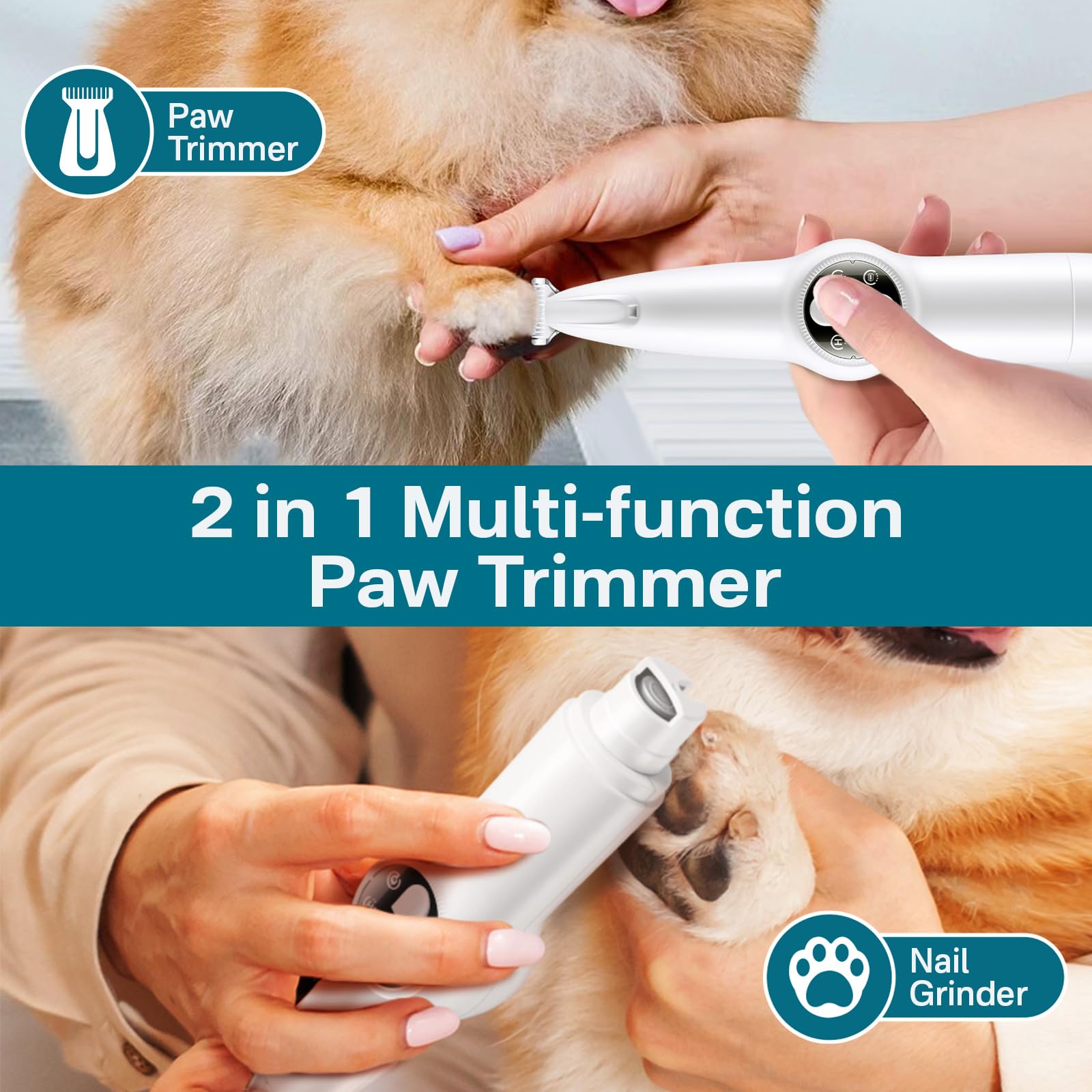 Amkune Dog Paw Trimmer & Nail Grinder 2In1 Upgrade [Ultra-Low Noise] [Micro Precision] Cordless Clippers For Grooming Kit, Pet H