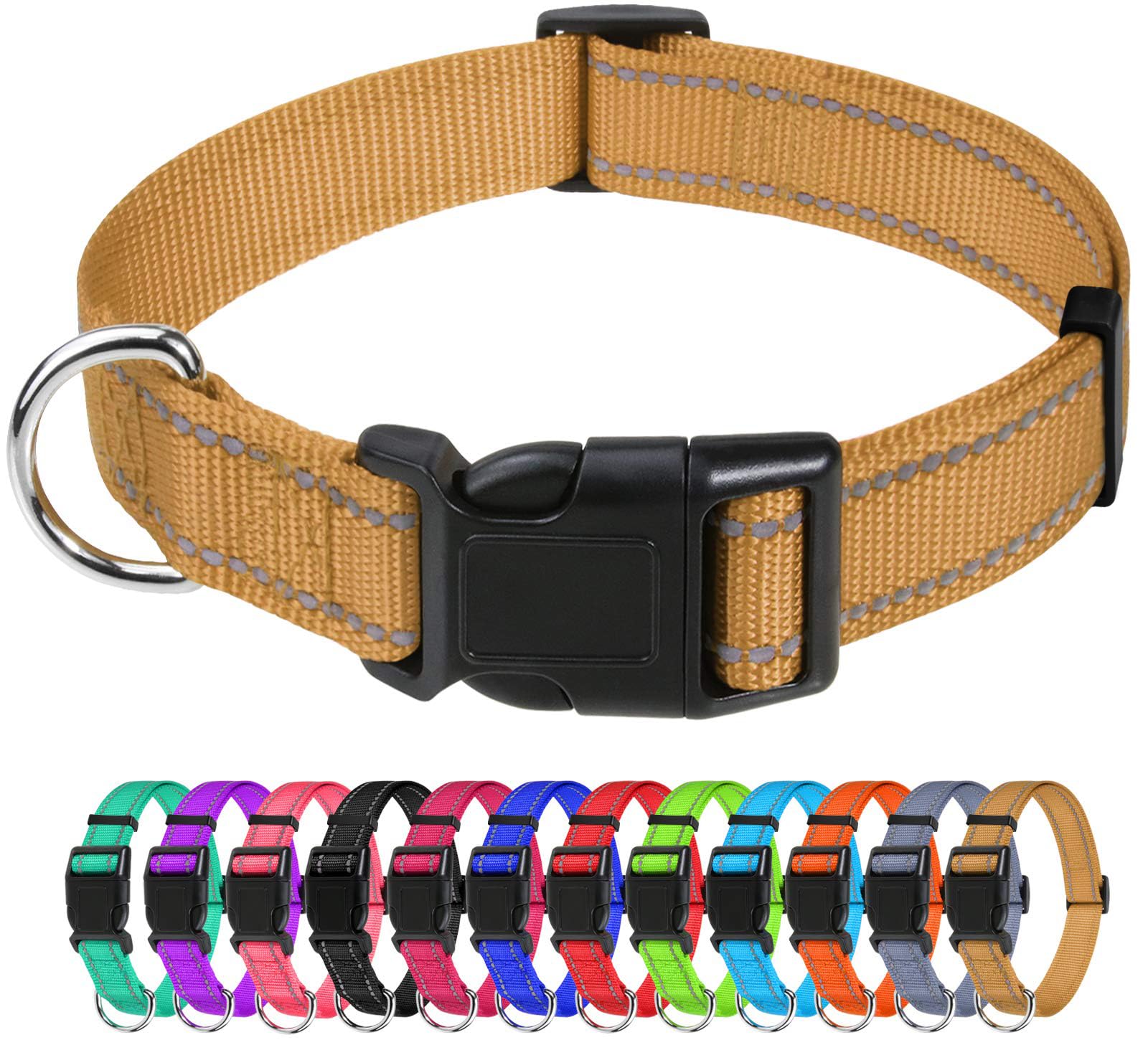Tagme Reflective Nylon Dog Collars, Adjustable Classic Dog Collar With Quick Release Buckle For Extra Large Dogs, Khaki, 1¼' Width