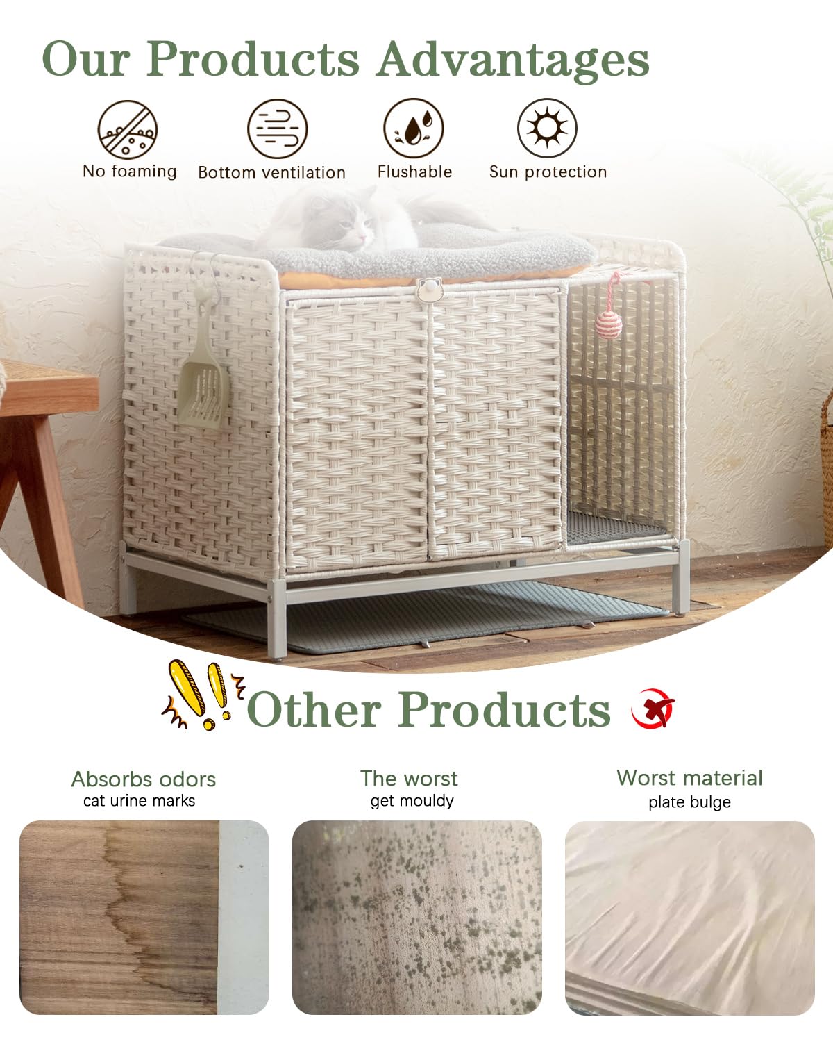 Setvson Cat Litter Box Enclosure Furniture - Hidden With Mat, 31.219.624.2 Inches Handwoven Rattan House End Table With Metal He