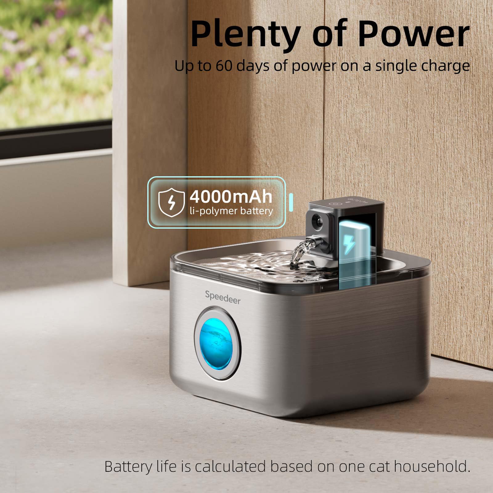 Speedeer Wireless Cat Water Fountain Stainless Steel, 135oz/4L Pet Fountain Battery Operated, Cordless Running Water Dispenser f