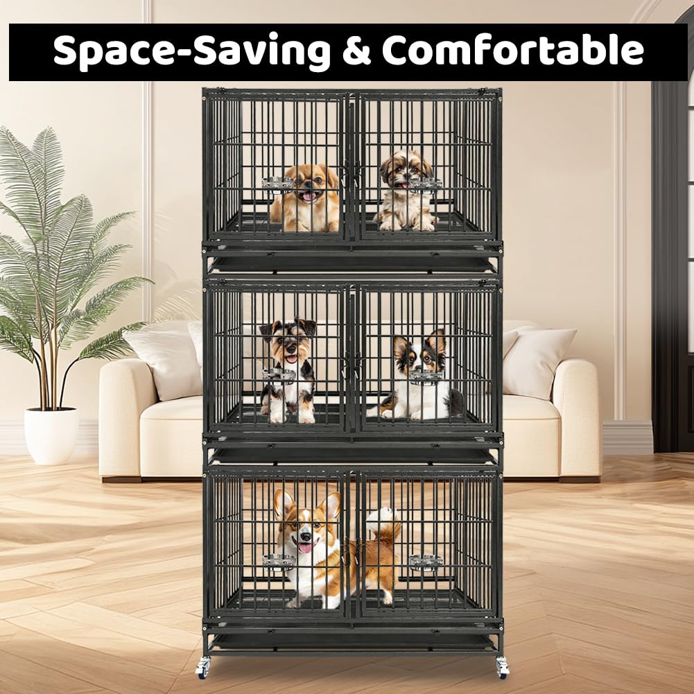 Homey Pet Heavy Duty Dog Crate, 43" Stackable Steel Kennel with Wheels, Black, Model DG-43T-9