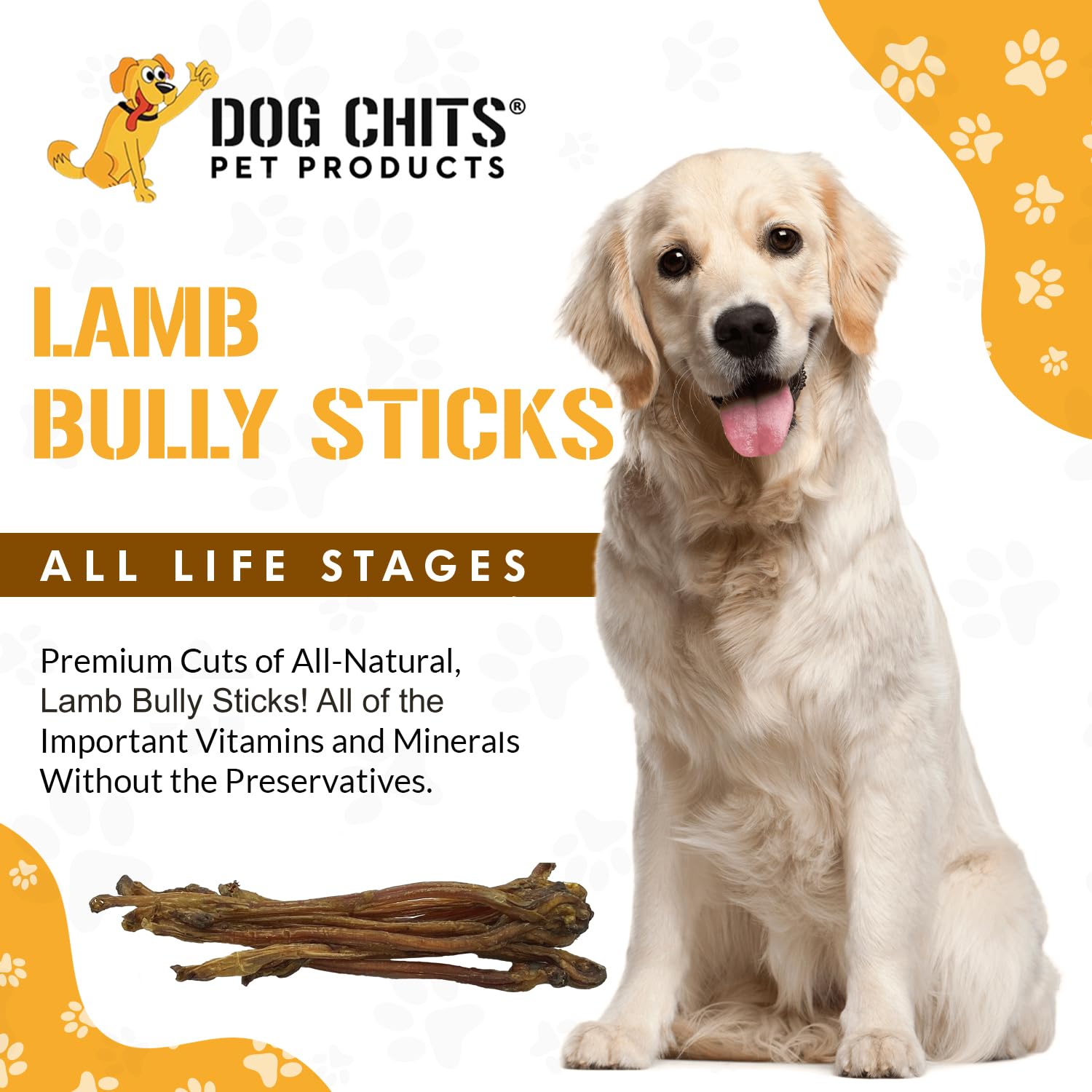Dog Chits Lamb Bully Sticks for Dogs and Puppies | 8 oz (12 Pieces+) | Natural Healthy Long Lasting Chew for Large and Small Dog