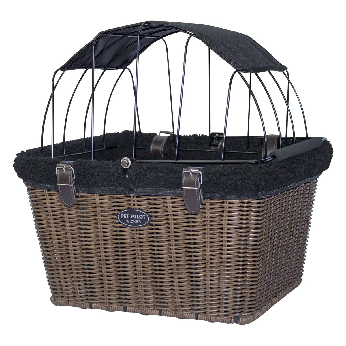 Travelin K9 Pet-Pilot Max Wicker Bike Basket For Dogs/Cats - Includes Wire Cage Top W/Sun Shade + Plush Removable Padded Liner