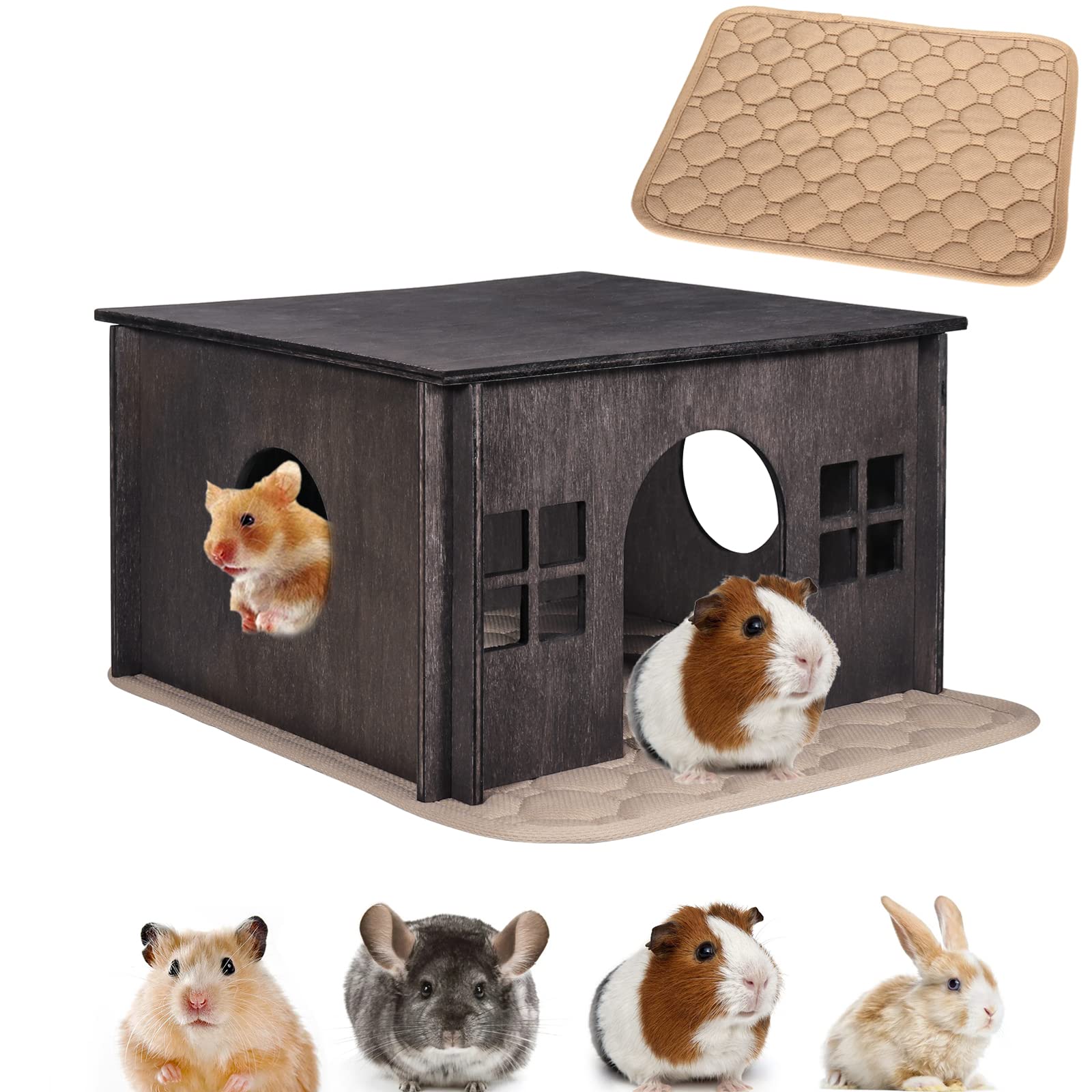 Hamster Hideout,Wooden Hamster House With Windows,Detachable And Large Size Suitable For Two Guinea Pig Hideout, Ventilated Wood Habitats Decor For Chinchilla, Hamster Mice Gerbils Mouse -Walnut Color