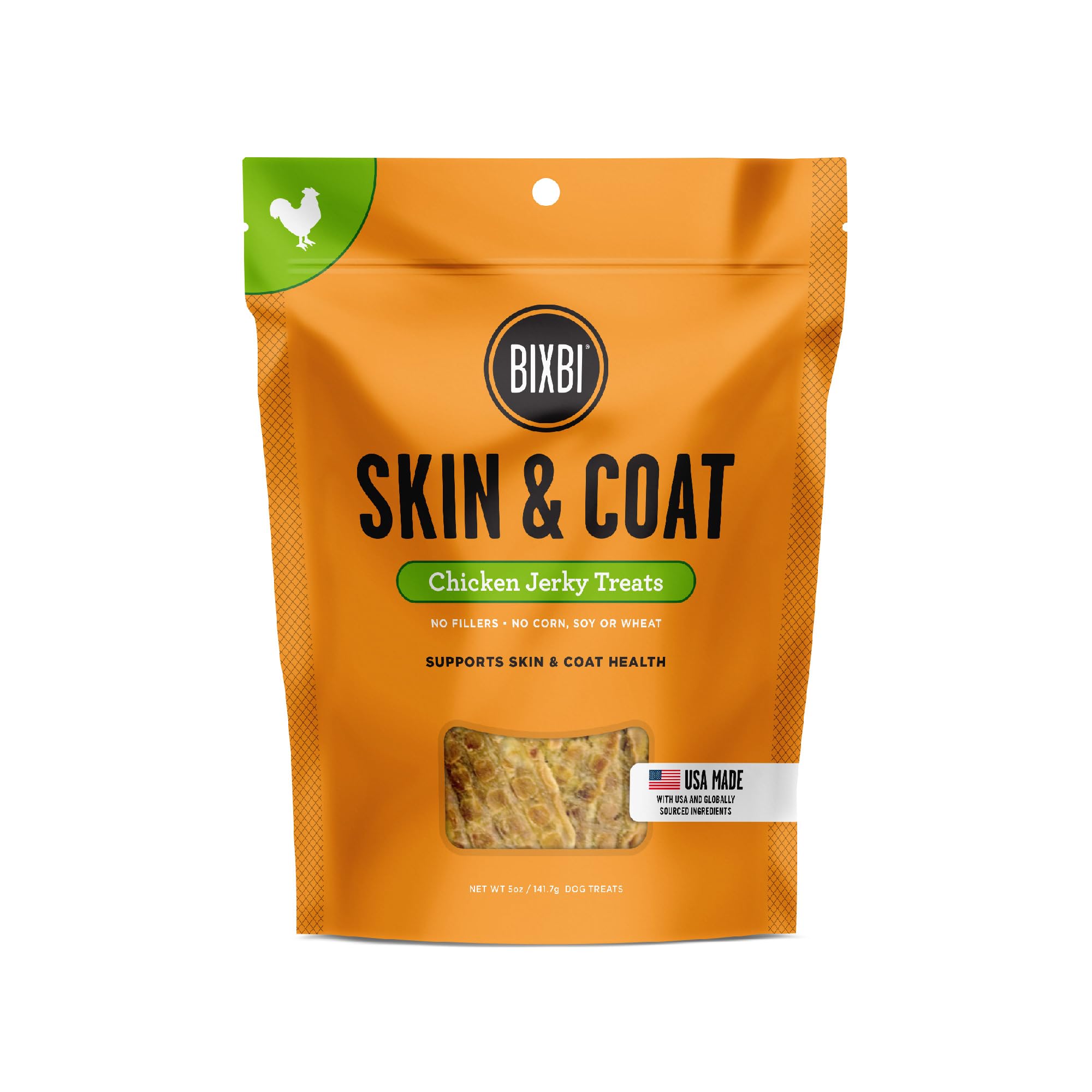 BIXBI Skin & Coat Support Chicken Jerky Dog Treats, 5 oz - USA Made Grain Free Dog Treats - Antioxidant Rich to Support Shiny, F