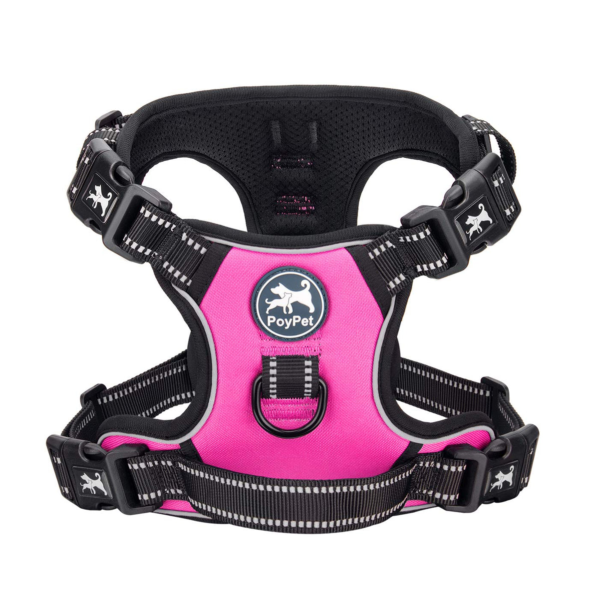 Poypet 2019 Upgraded No Pull Dog Harness With 4 Snap Buckles, Reflective With Front & Back 2 Leash Hooks And An Easy Control Handle [No Need Go Over Dog’S Head] (Pink,M)