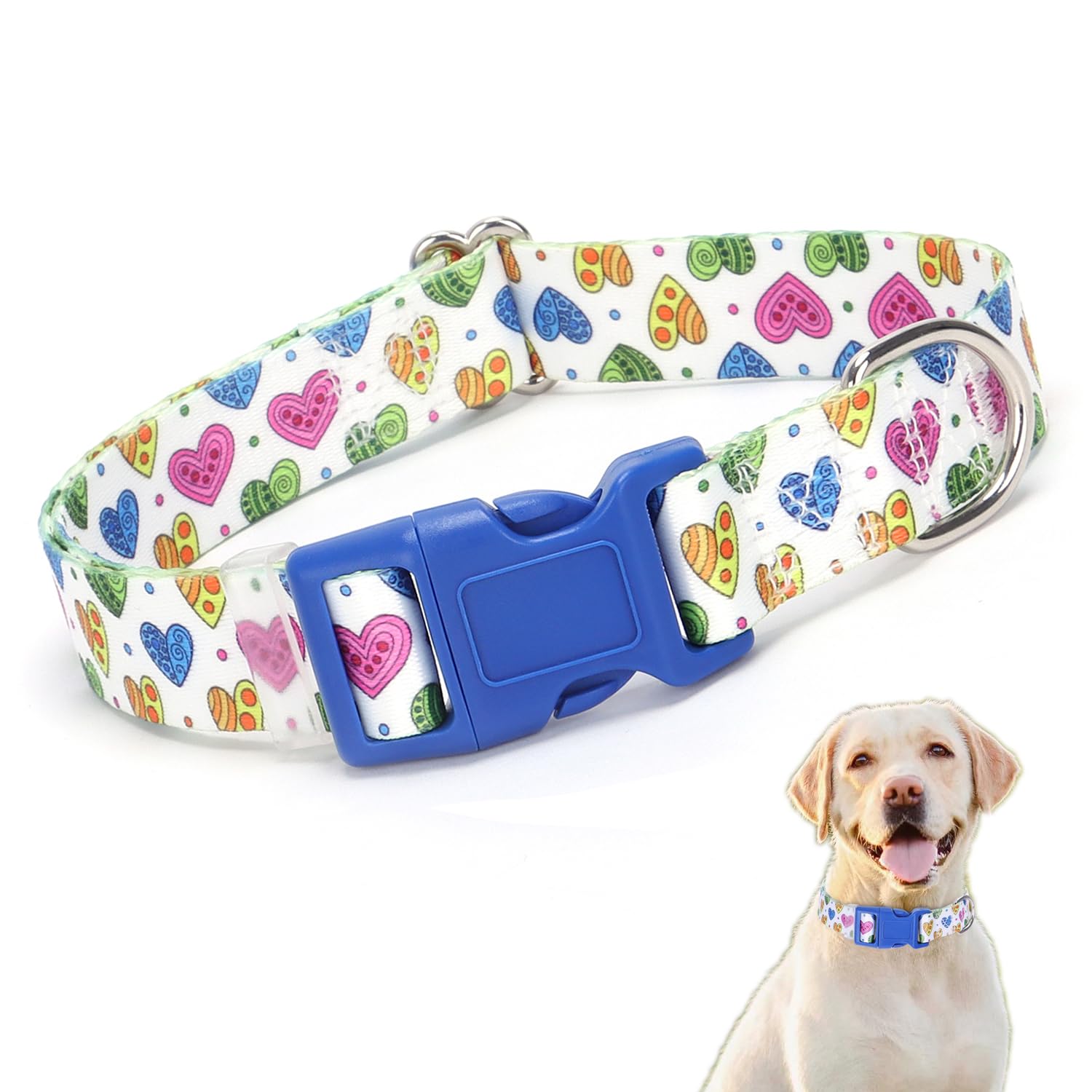XL Dog Collar, Pretty Cute Heart Pattern Design Quick Release Buckle Soft Nylon Girl Dog Collars Valentine's Day Gift for Small 
