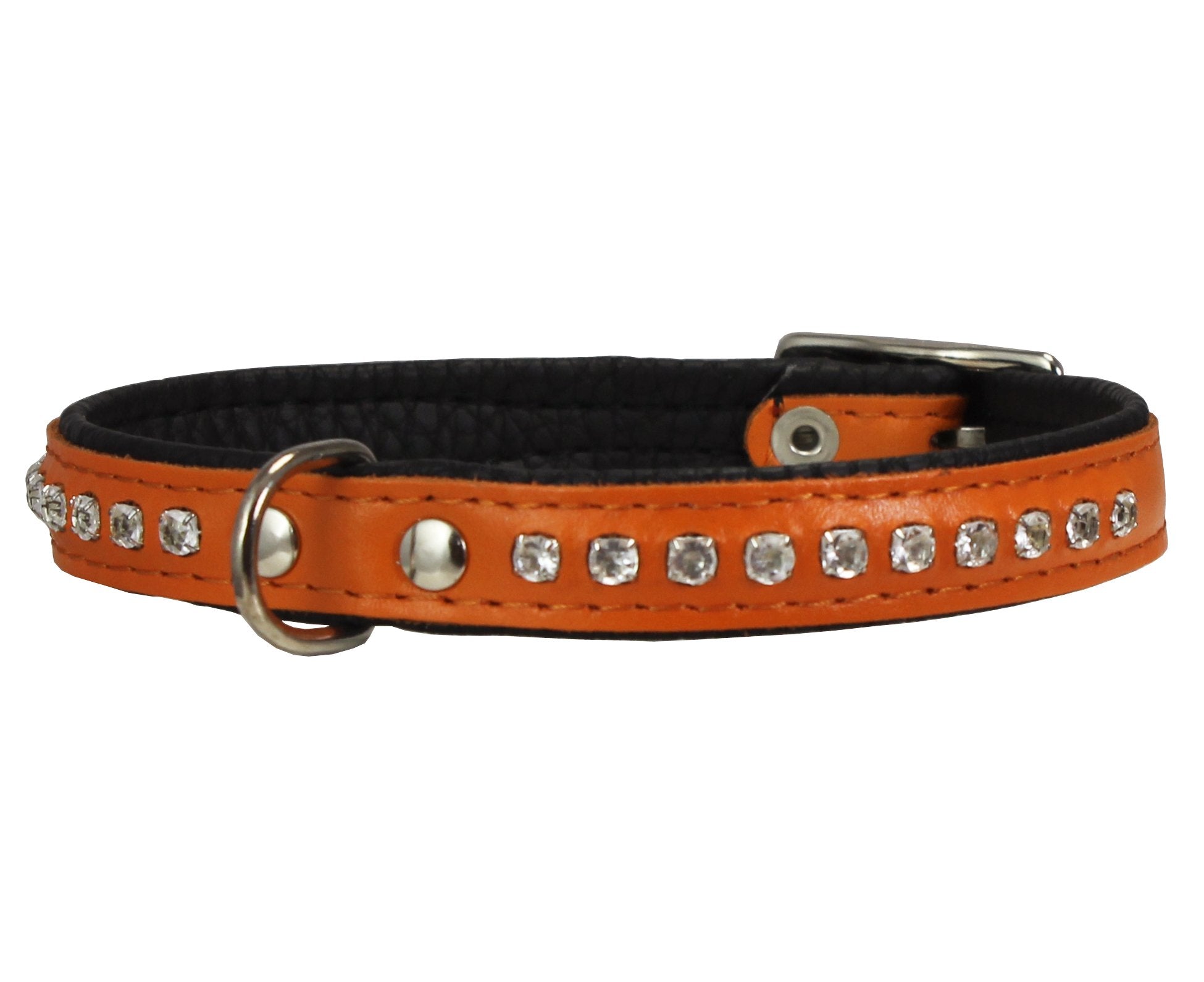 Dogs My Love Rhinestone Genuine Leather Dog Collar (Orange, 8'-9.5' Neck)