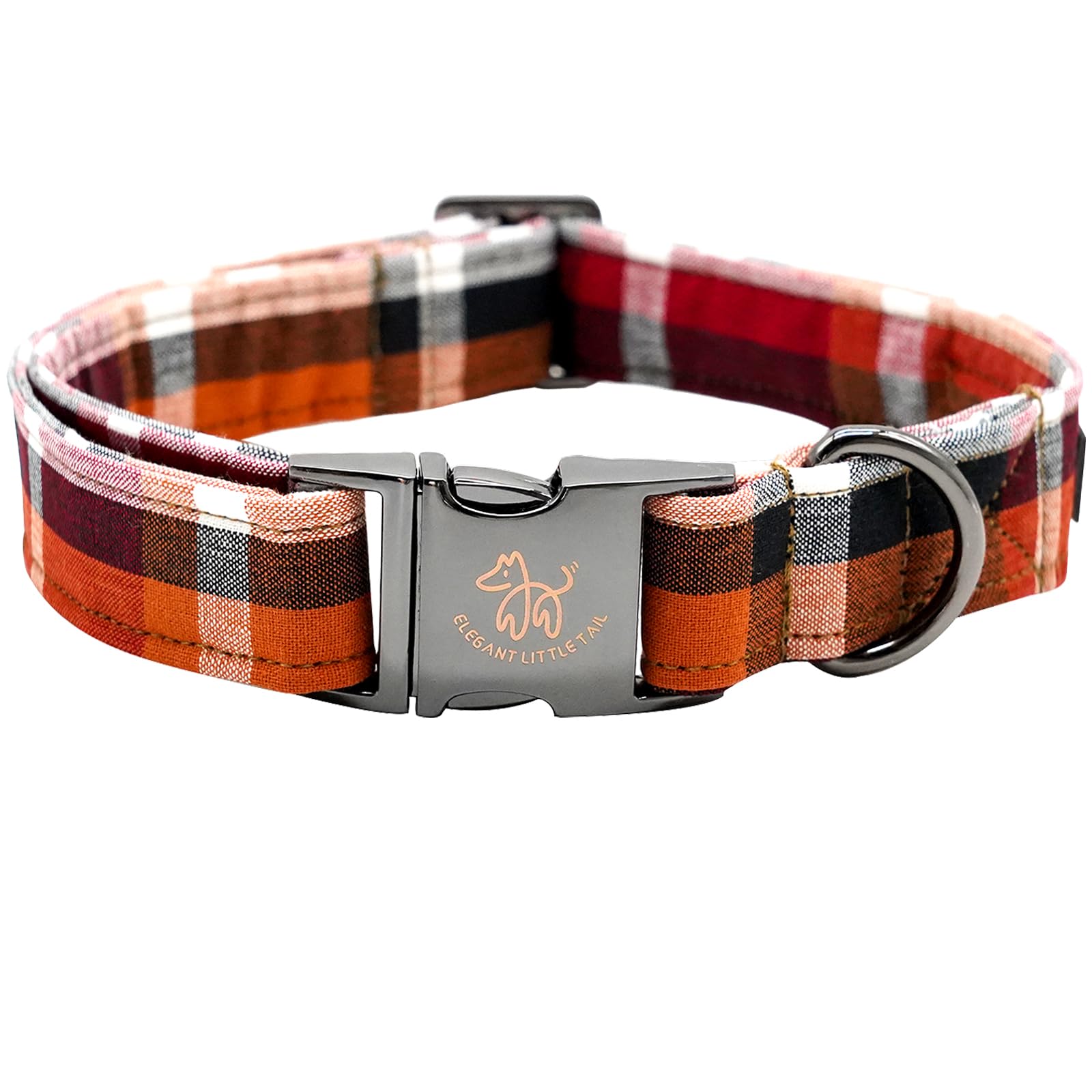 Elegant Little Tail Orange Plaid Cotton Dog Collar With Metal Buckle For X-Small Puppy