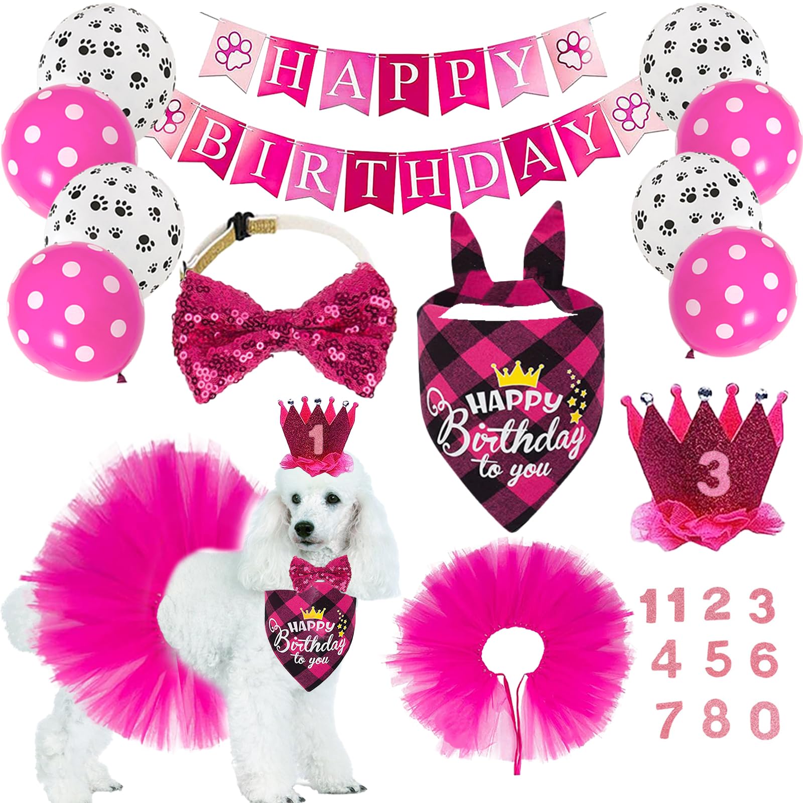 Dog Birthday Bandana Girl Dog Birthday Party Supplies with Red Dog Tutu Crown Scarf Numbers Red Bowtie Dog Tutu Skirt Paw Balloo