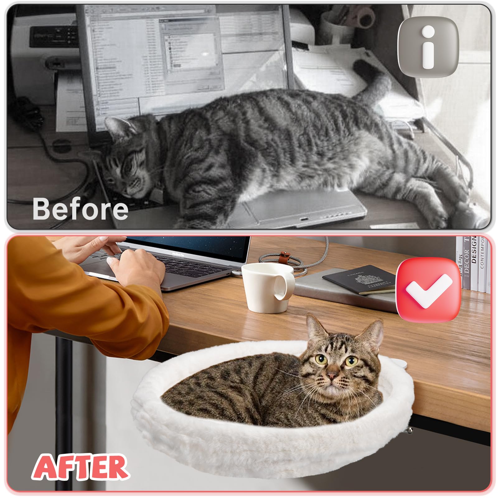 Cat Desk Bed - Cat Hammock For Desk, Soft Faux Fur Fabric, Adjustable Cat Shelf Bed For Indoor Cats, Easy Installation, Washable