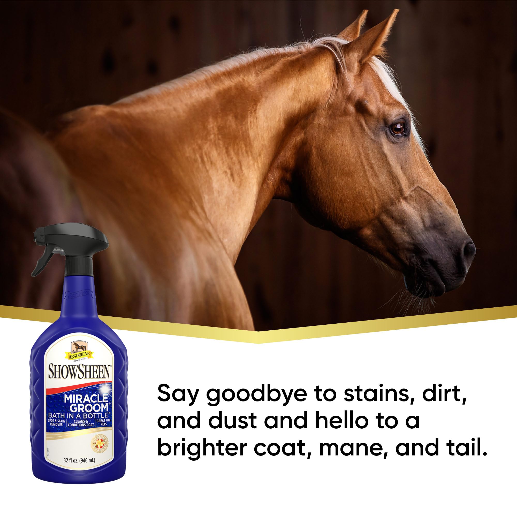 Absorbine Showsheen Miracle Groom Waterless Shampoo, 5-In-1 Formula For Coat, Mane & Tail, 32Oz