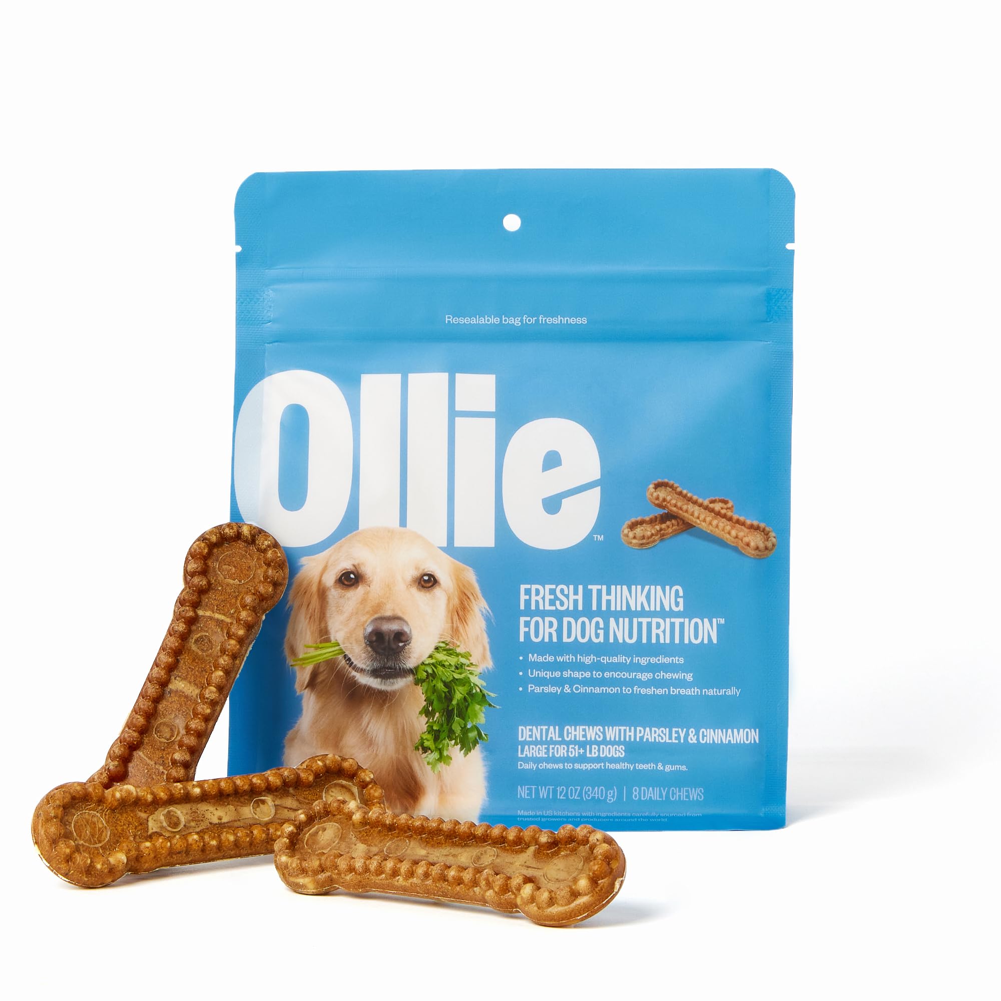 Ollie Dental Chews for Large Dogs, 12 Oz, Fresh Breath, Teeth Cleaning Treats, Sticks for Dog Oral Care, with Parsley and Cinnim