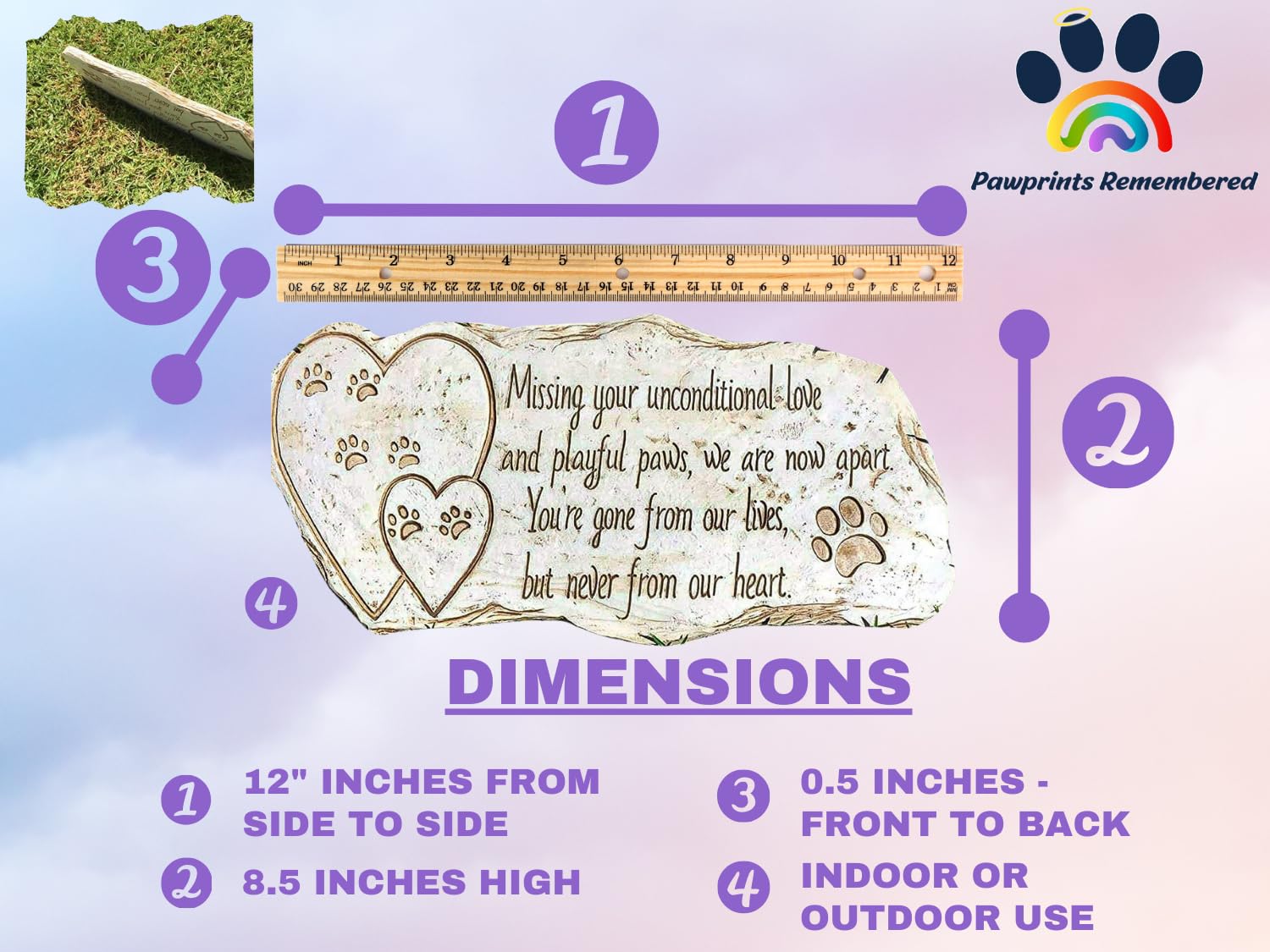 Pawprints Remembered Pet Memorial Stone Marker For Dog Or Cat - For Outdoor Garden, Backyard, Or Lawn. Pet Grave Headstone Tombs