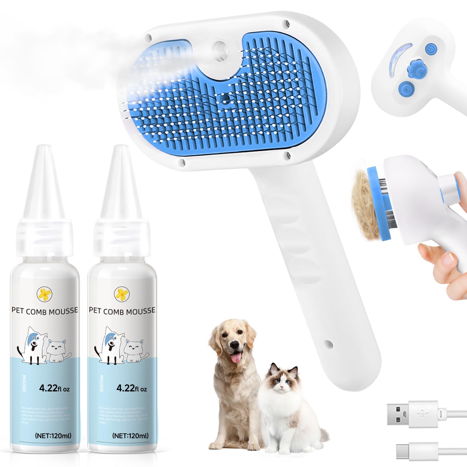 Pet Steam Brush for Dog & Cat - 3-in-1 Steam Grooming Brush for Shedding & Hair Removal - Pet comb leave-in serum with Mist for 