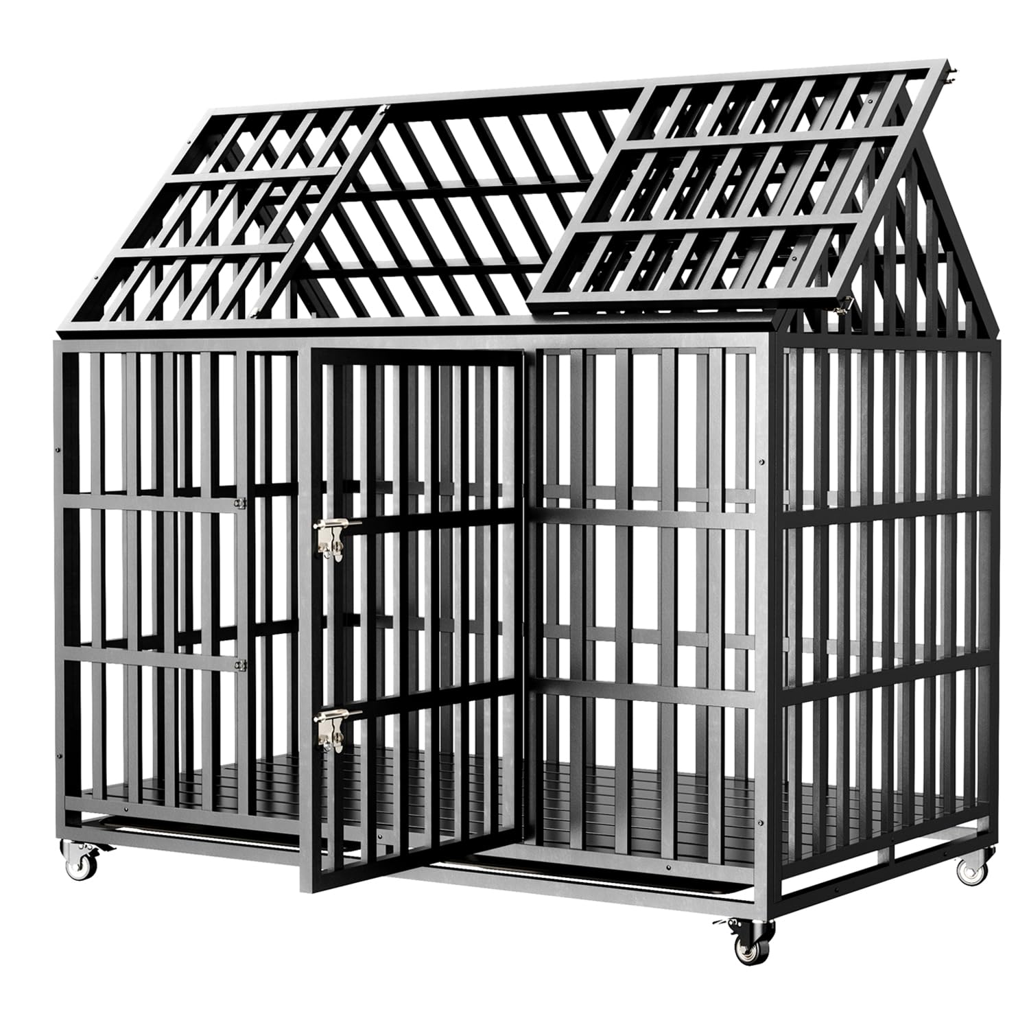 Ufyerutg 52'' Heavy Duty Indestructible Dog Crate, Peaked Roof Escape-Proof Impact Pet Cage For High Anxiety Large Giant Dogs, S