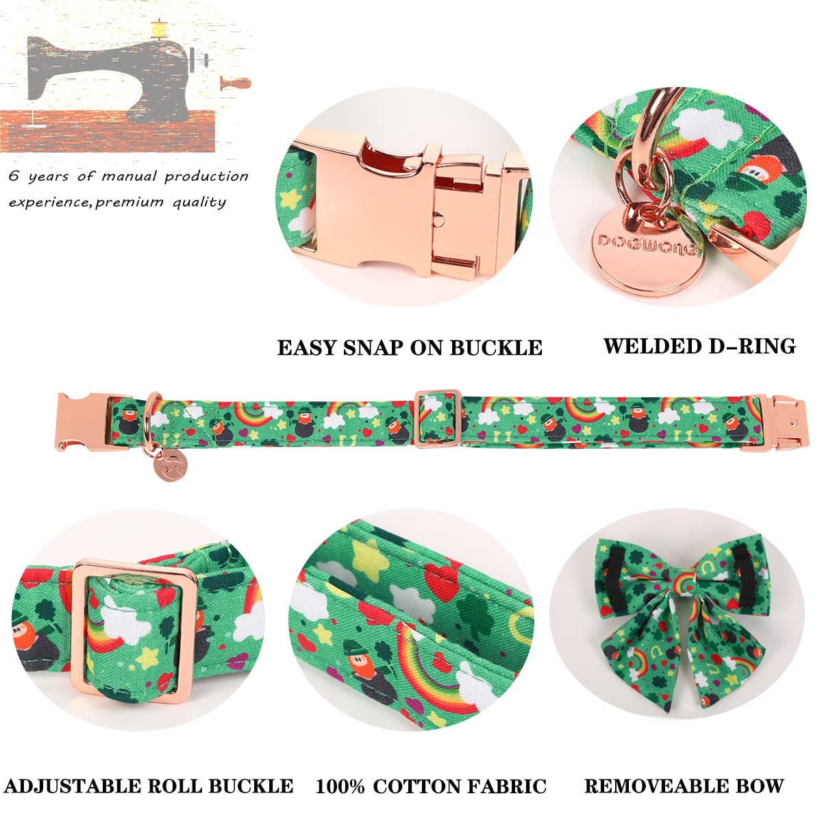 Dogwong Green Lucky Clover Shamrock Dog Collar With Bowtie, Soft Adjustable St. Patrick'S Day Lucky Charm Puppy Collar For Small