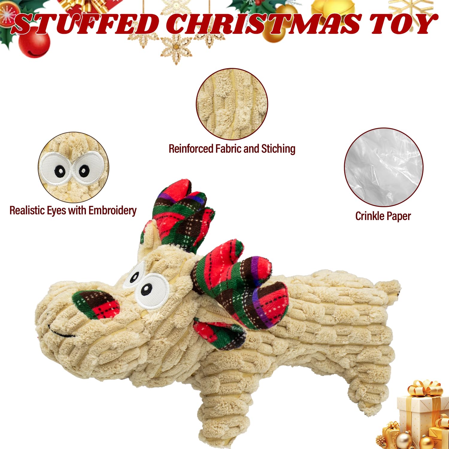 Cneeeeeb Dog Toys Squeaky Interactive Puppy Teething Chew Toy Stuffed Pp Cotton Crinkle Sound Paper Tail,Deer Shape For Large Me