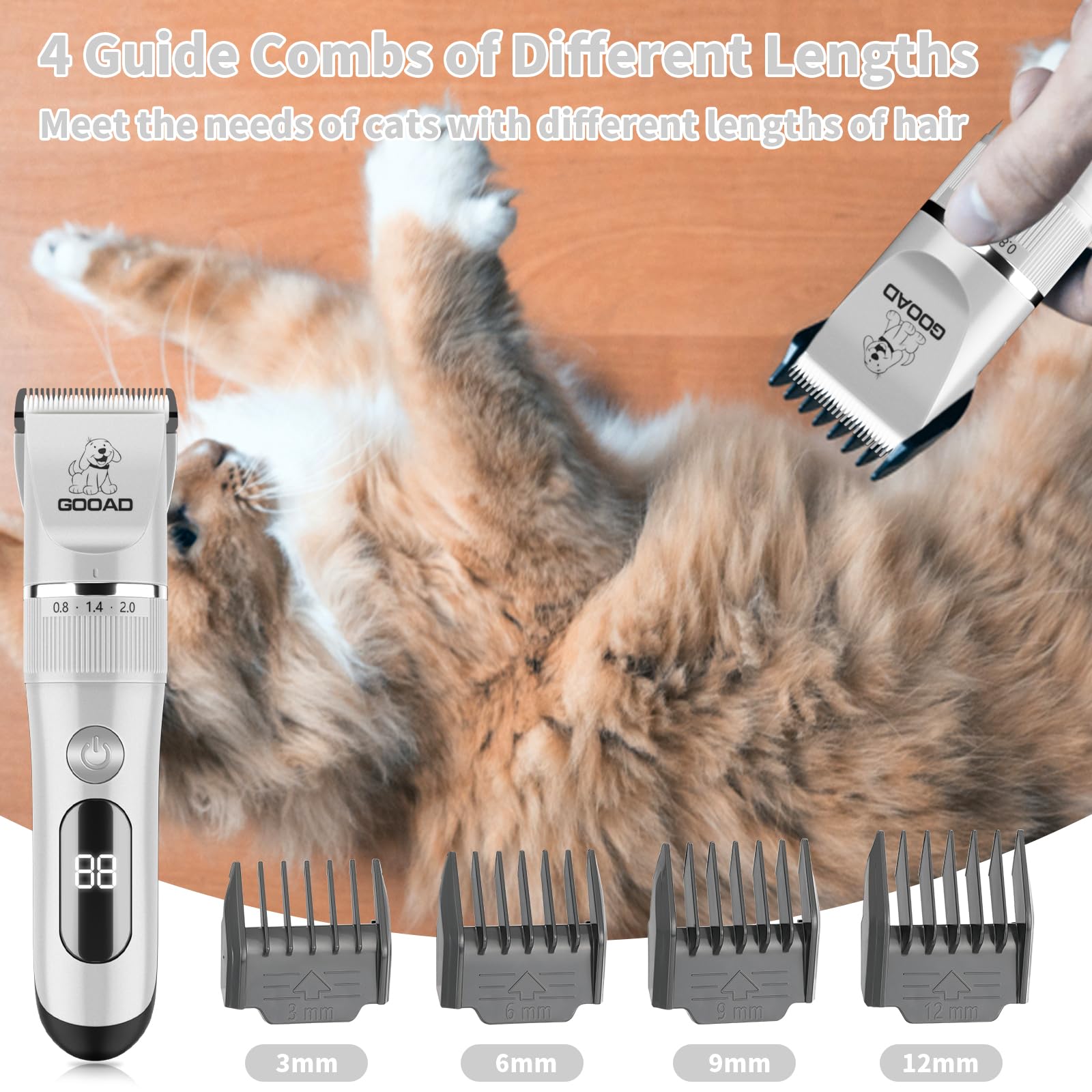 Goood Cat Grooming Kit - Cordless, Low Noise Paw Trimmer, Quiet Cat/Dog Clippers For Long/Matted Hair (Silver)